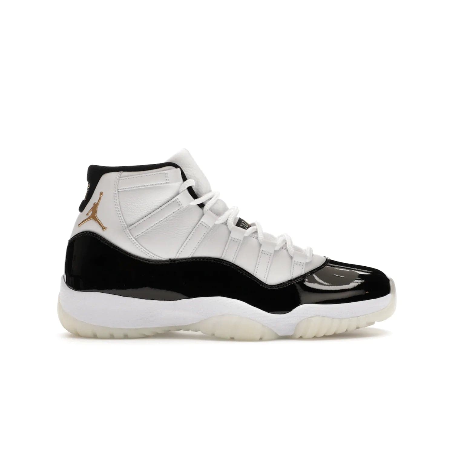 Jordan 11 Retro DMP Gratitude (2023) - Image 1 - Only at www.BallersClubKickz.com - Shop the legendary Jordan 11 Retro Gratitude Defining Moments (2023). This iconic sneaker features the classic Defining Moments colorway, high-cut patent leather upper, white midsole, black translucent rubber outsole, and Metallic Gold accents. Available December 9, 2023.