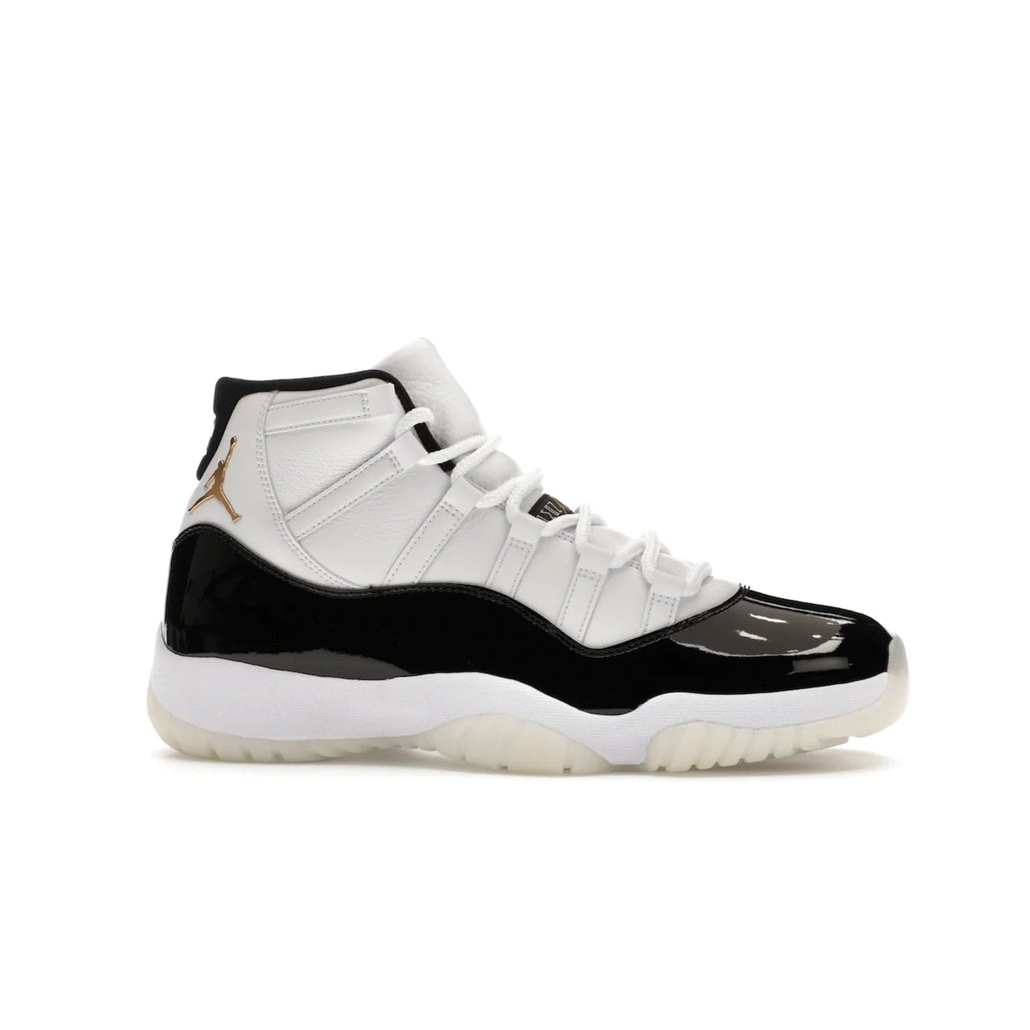 Jordan 11 Retro DMP Gratitude (2023) - Image 2 - Only at www.BallersClubKickz.com - Shop the legendary Jordan 11 Retro Gratitude Defining Moments (2023). This iconic sneaker features the classic Defining Moments colorway, high-cut patent leather upper, white midsole, black translucent rubber outsole, and Metallic Gold accents. Available December 9, 2023.