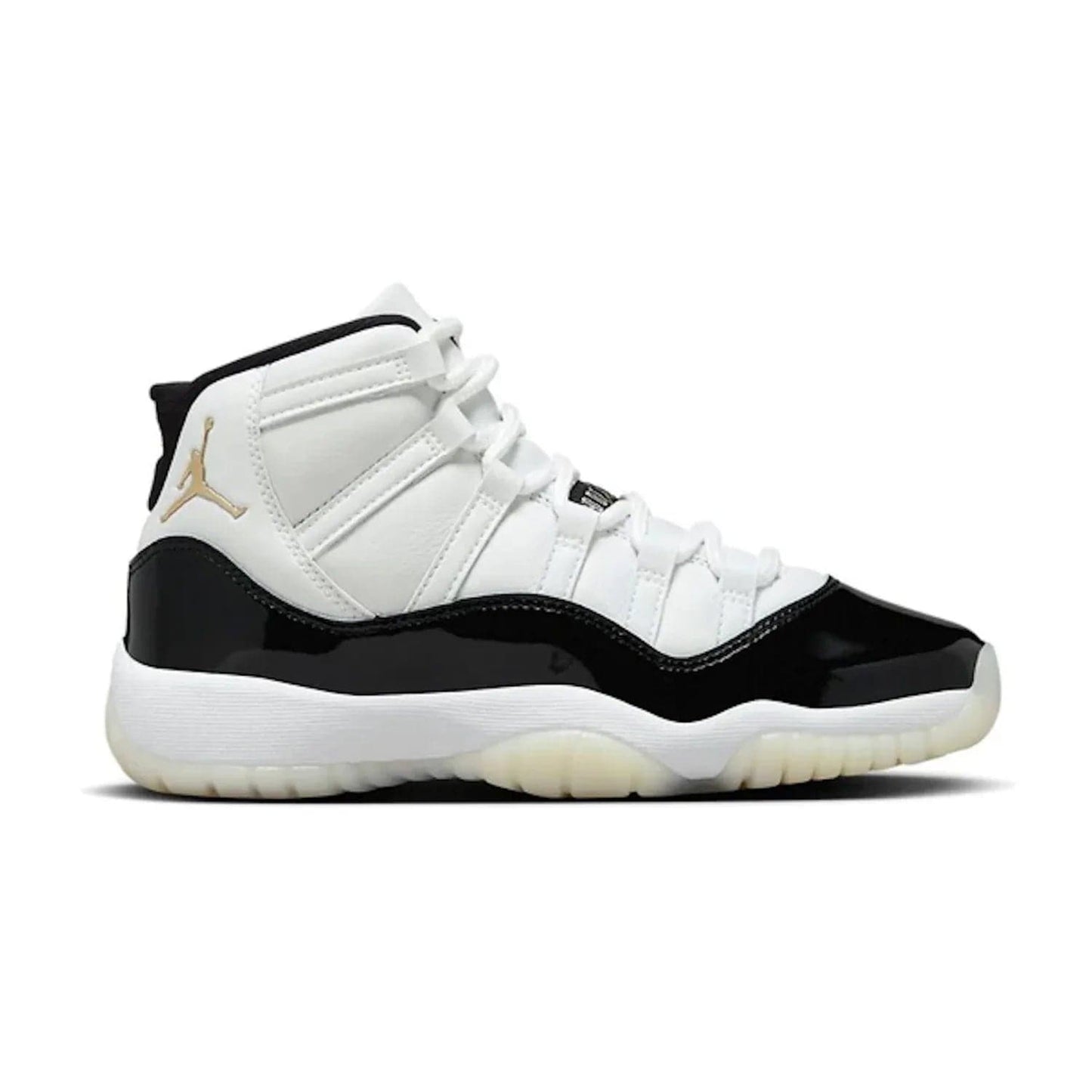 Jordan 11 Retro DMP Gratitude (2023) (GS) - Image 1 - Only at www.BallersClubKickz.com - Jordan 11 Retro DMP Defining Moments (GS): 2023 sneaker for the style enthusiast w/ Black/White/Metallic Gold colorway, patent leather and gold accents. In stores Dec 9, price $185. Get ready for next level style and championship-winning looks!