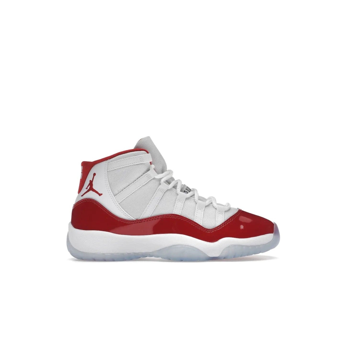 Jordan 11 Retro Cherry (2022) (GS) - Image 1 - Only at www.BallersClubKickz.com - Shop the Air Jordan 11 Retro Cherry 2022 GS, designed for style & comfort. Snug fit with webbing eyelets, rope laces, encased Air-sole unit & a Translucent rubber outsole. Available 12/10/2022.