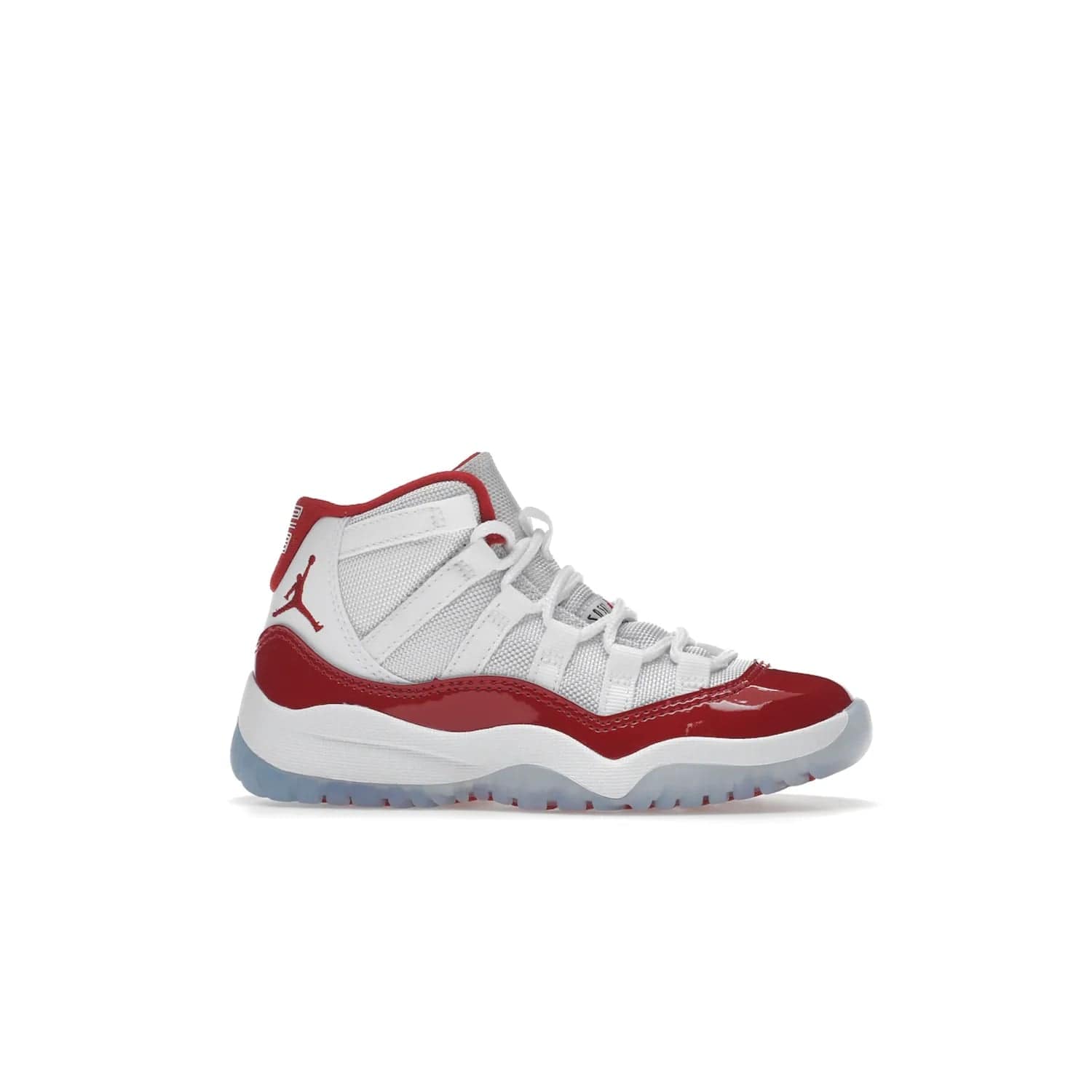 Jordan 11 Retro Cherry (2022) (PS) - Image 2 - Only at www.BallersClubKickz.com - An iconic silhouette with a timeless look, the Air Jordan 11 Retro Cherry 2022 PS features a crisp White, Varsity Red and Black colorway. The upper is made of ballistic mesh, a red patent leather mudguard, '23' branding and white Phylon midsole. Get optimal cushioning and comfort on December 10th, 2022. Don't miss out.