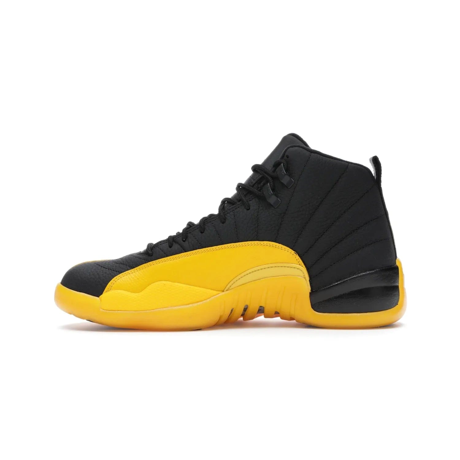 Jordan 12 Retro Black University Gold - Image 19 - Only at www.BallersClubKickz.com - This Jordan 12 Retro features a black tumbled leather upper and University Gold accents for a modern twist. Boasting Jordan "Two Three" branding and a yellow sole, these shoes will elevate your wardrobe. Fresh, sleek, and one of a kind - the Jordan 12 University Gold is your summer sneaker.