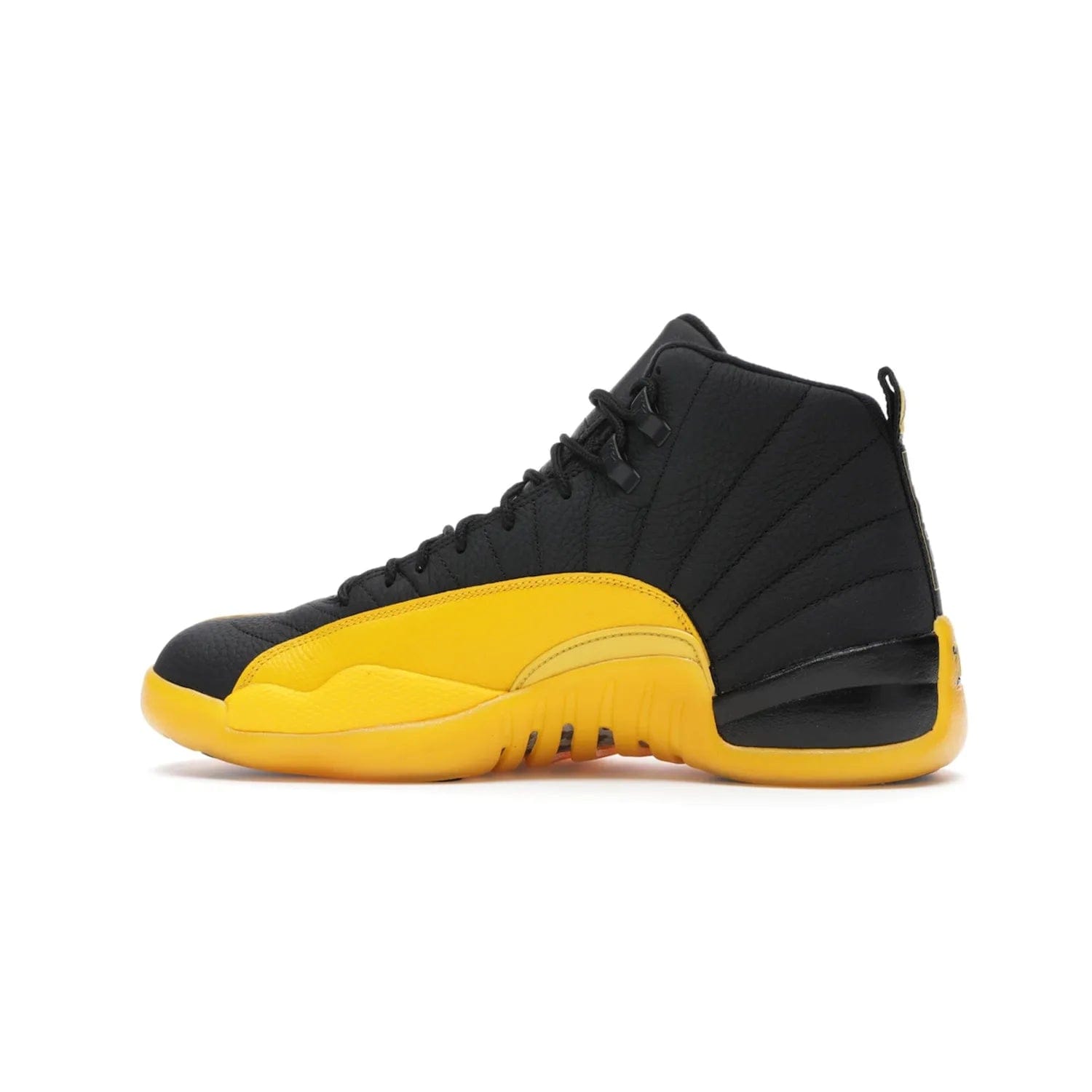 Jordan 12 Retro Black University Gold - Image 20 - Only at www.BallersClubKickz.com - This Jordan 12 Retro features a black tumbled leather upper and University Gold accents for a modern twist. Boasting Jordan "Two Three" branding and a yellow sole, these shoes will elevate your wardrobe. Fresh, sleek, and one of a kind - the Jordan 12 University Gold is your summer sneaker.