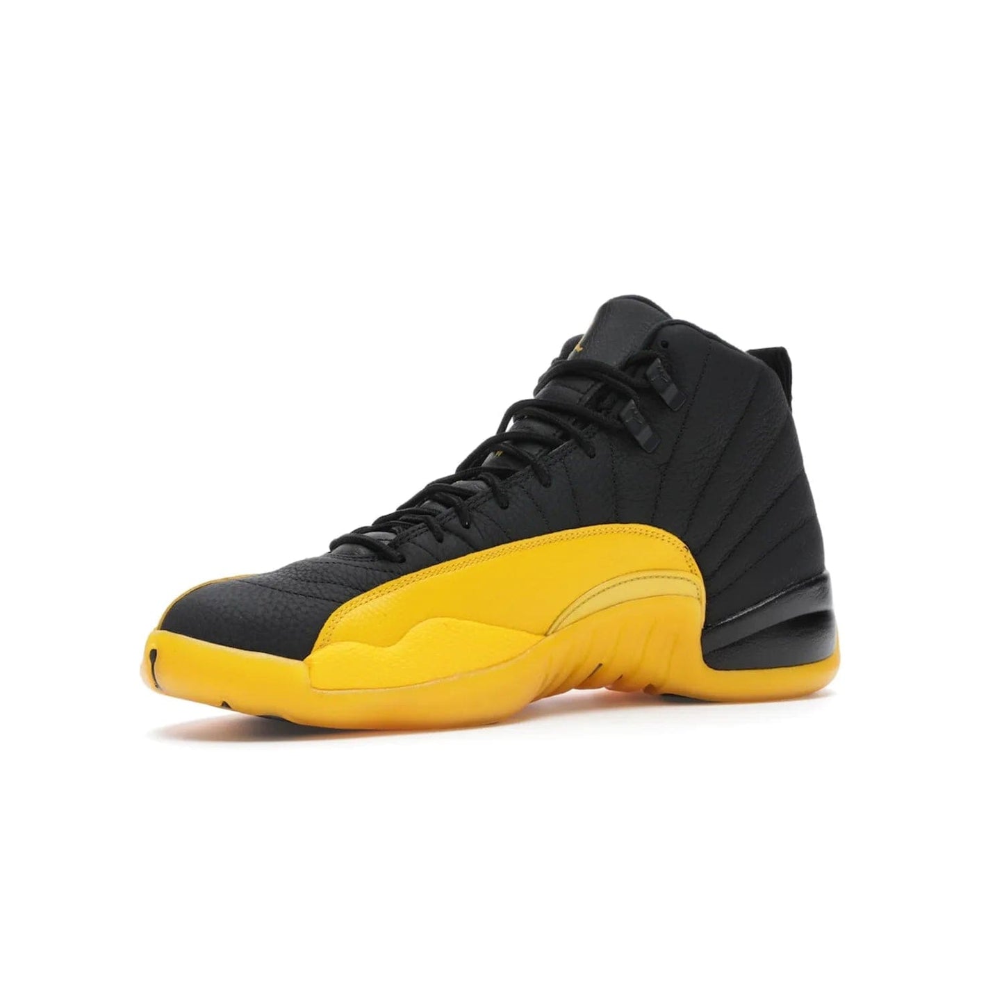 Jordan 12 Retro Black University Gold - Image 16 - Only at www.BallersClubKickz.com - This Jordan 12 Retro features a black tumbled leather upper and University Gold accents for a modern twist. Boasting Jordan "Two Three" branding and a yellow sole, these shoes will elevate your wardrobe. Fresh, sleek, and one of a kind - the Jordan 12 University Gold is your summer sneaker.