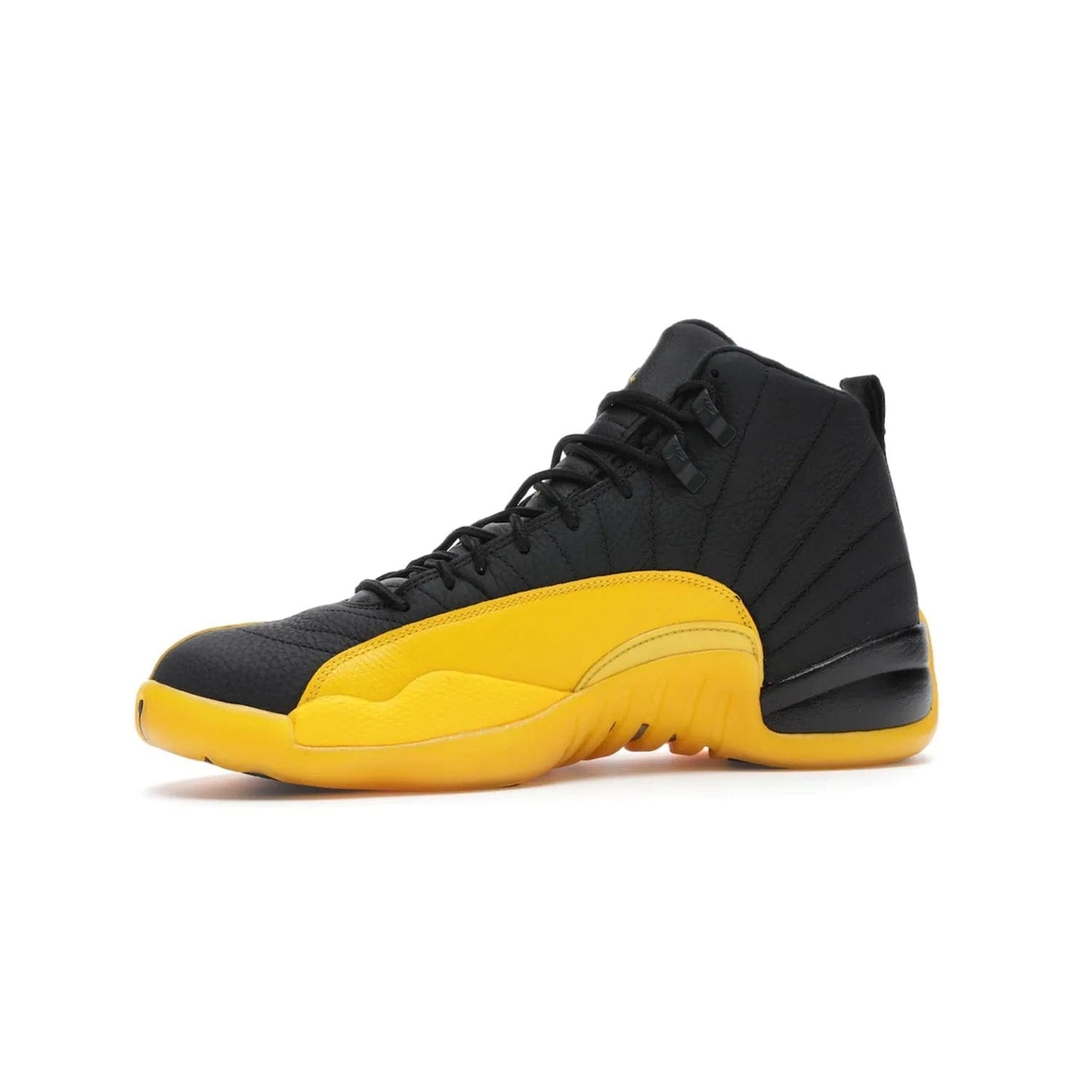 Jordan 12 Retro Black University Gold - Image 17 - Only at www.BallersClubKickz.com - This Jordan 12 Retro features a black tumbled leather upper and University Gold accents for a modern twist. Boasting Jordan "Two Three" branding and a yellow sole, these shoes will elevate your wardrobe. Fresh, sleek, and one of a kind - the Jordan 12 University Gold is your summer sneaker.