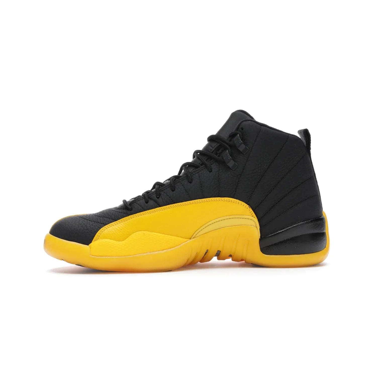 Jordan 12 Retro Black University Gold - Image 18 - Only at www.BallersClubKickz.com - This Jordan 12 Retro features a black tumbled leather upper and University Gold accents for a modern twist. Boasting Jordan "Two Three" branding and a yellow sole, these shoes will elevate your wardrobe. Fresh, sleek, and one of a kind - the Jordan 12 University Gold is your summer sneaker.