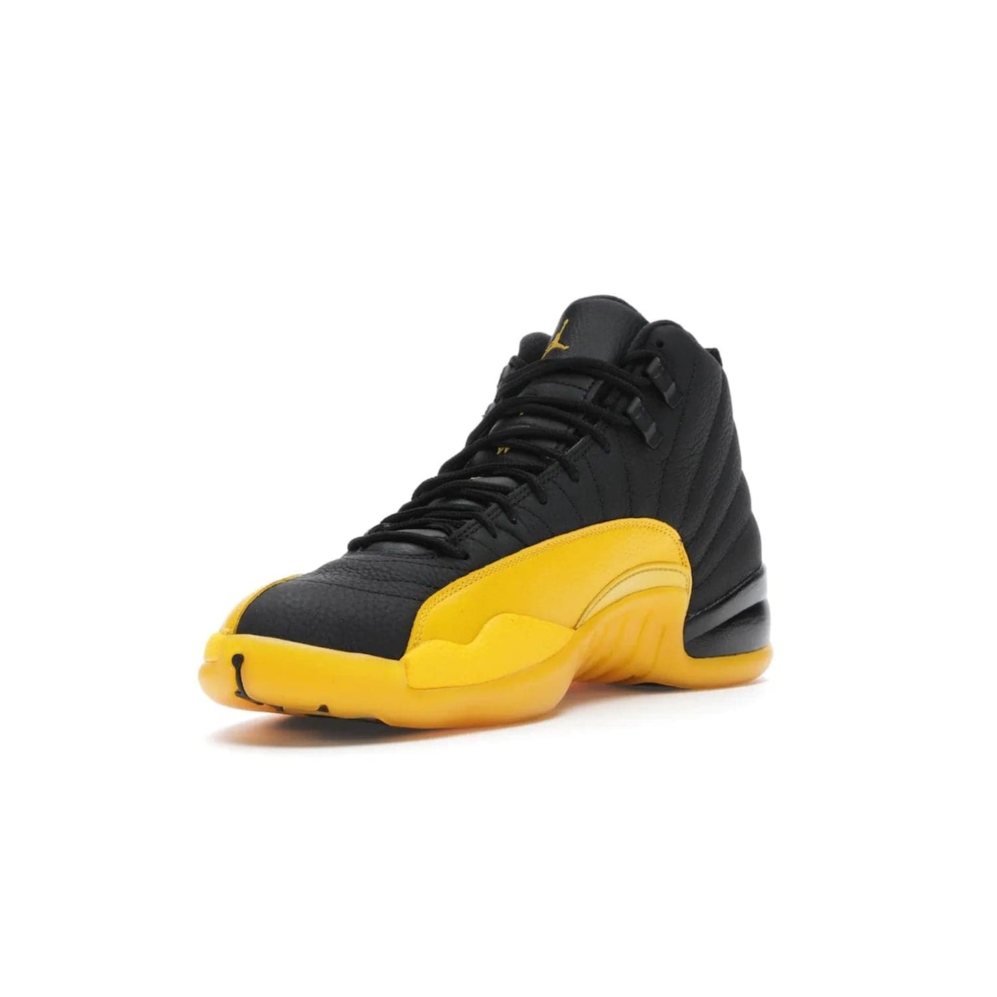 Jordan 12 Retro Black University Gold - Image 14 - Only at www.BallersClubKickz.com - This Jordan 12 Retro features a black tumbled leather upper and University Gold accents for a modern twist. Boasting Jordan "Two Three" branding and a yellow sole, these shoes will elevate your wardrobe. Fresh, sleek, and one of a kind - the Jordan 12 University Gold is your summer sneaker.