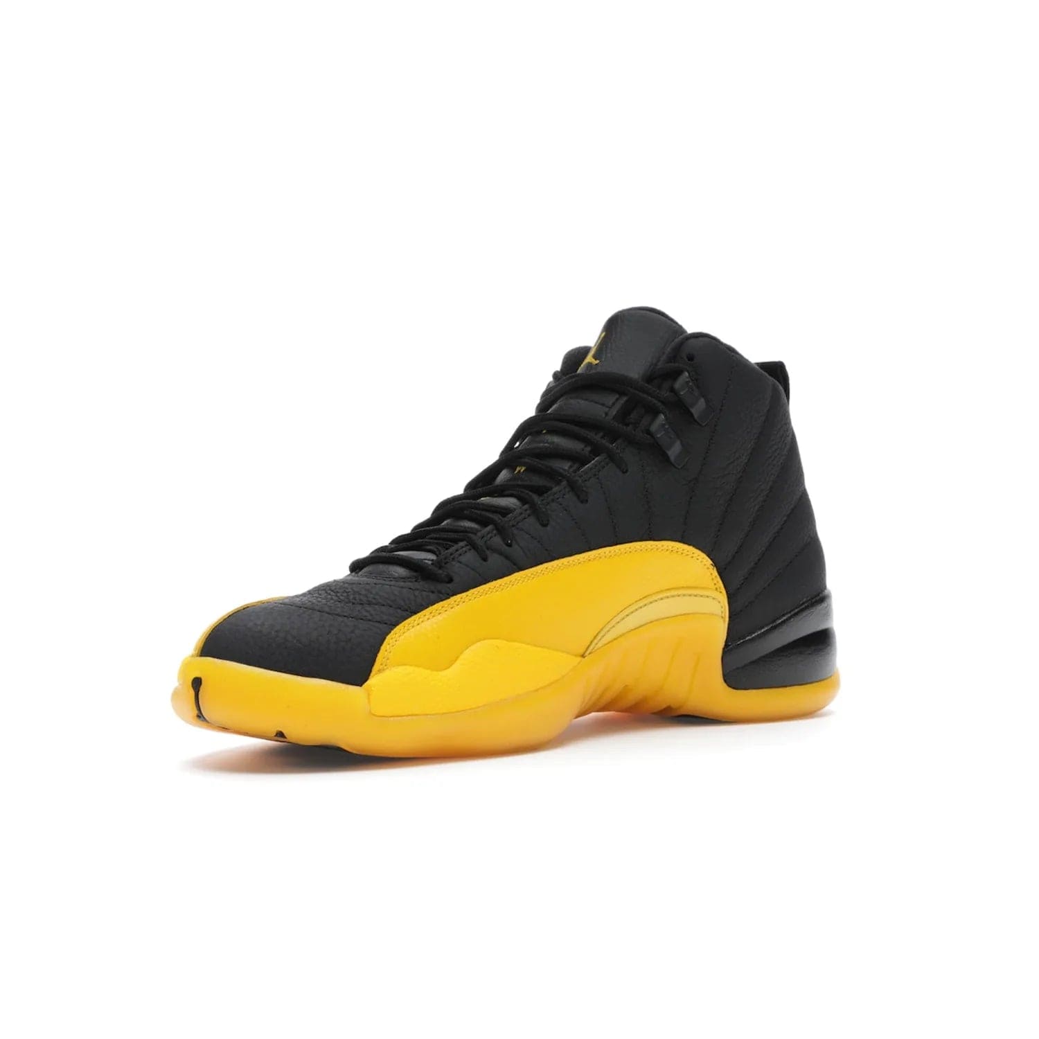Jordan 12 Retro Black University Gold - Image 15 - Only at www.BallersClubKickz.com - This Jordan 12 Retro features a black tumbled leather upper and University Gold accents for a modern twist. Boasting Jordan "Two Three" branding and a yellow sole, these shoes will elevate your wardrobe. Fresh, sleek, and one of a kind - the Jordan 12 University Gold is your summer sneaker.
