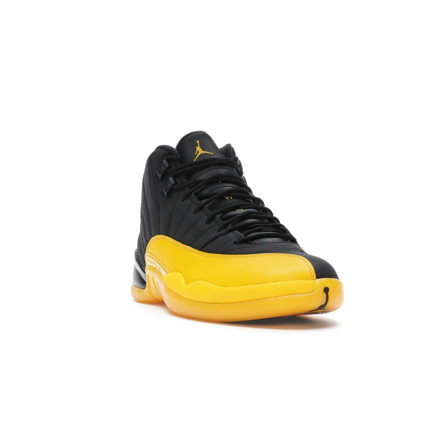 Jordan 12 Retro Black University Gold - Image 7 - Only at www.BallersClubKickz.com - This Jordan 12 Retro features a black tumbled leather upper and University Gold accents for a modern twist. Boasting Jordan "Two Three" branding and a yellow sole, these shoes will elevate your wardrobe. Fresh, sleek, and one of a kind - the Jordan 12 University Gold is your summer sneaker.