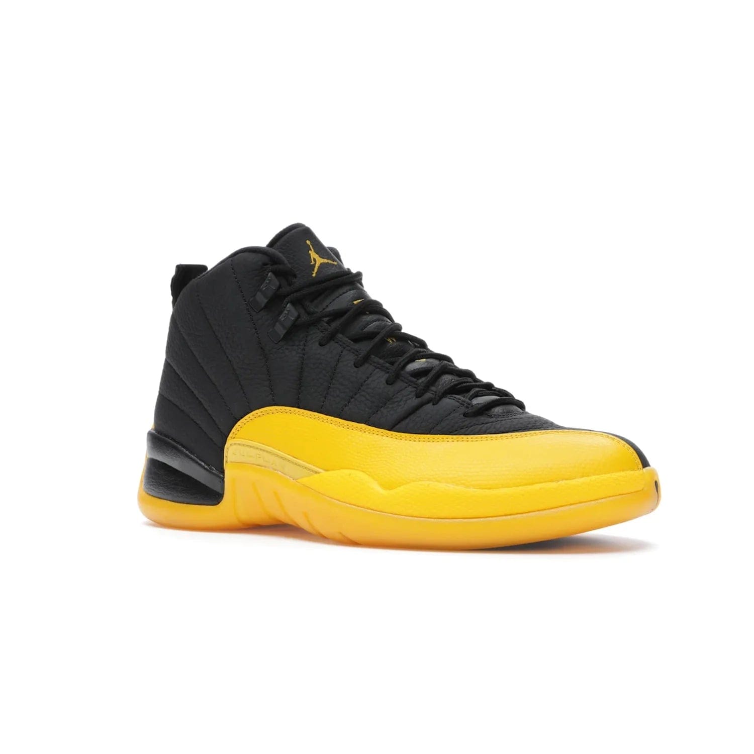 Jordan 12 Retro Black University Gold - Image 4 - Only at www.BallersClubKickz.com - This Jordan 12 Retro features a black tumbled leather upper and University Gold accents for a modern twist. Boasting Jordan "Two Three" branding and a yellow sole, these shoes will elevate your wardrobe. Fresh, sleek, and one of a kind - the Jordan 12 University Gold is your summer sneaker.