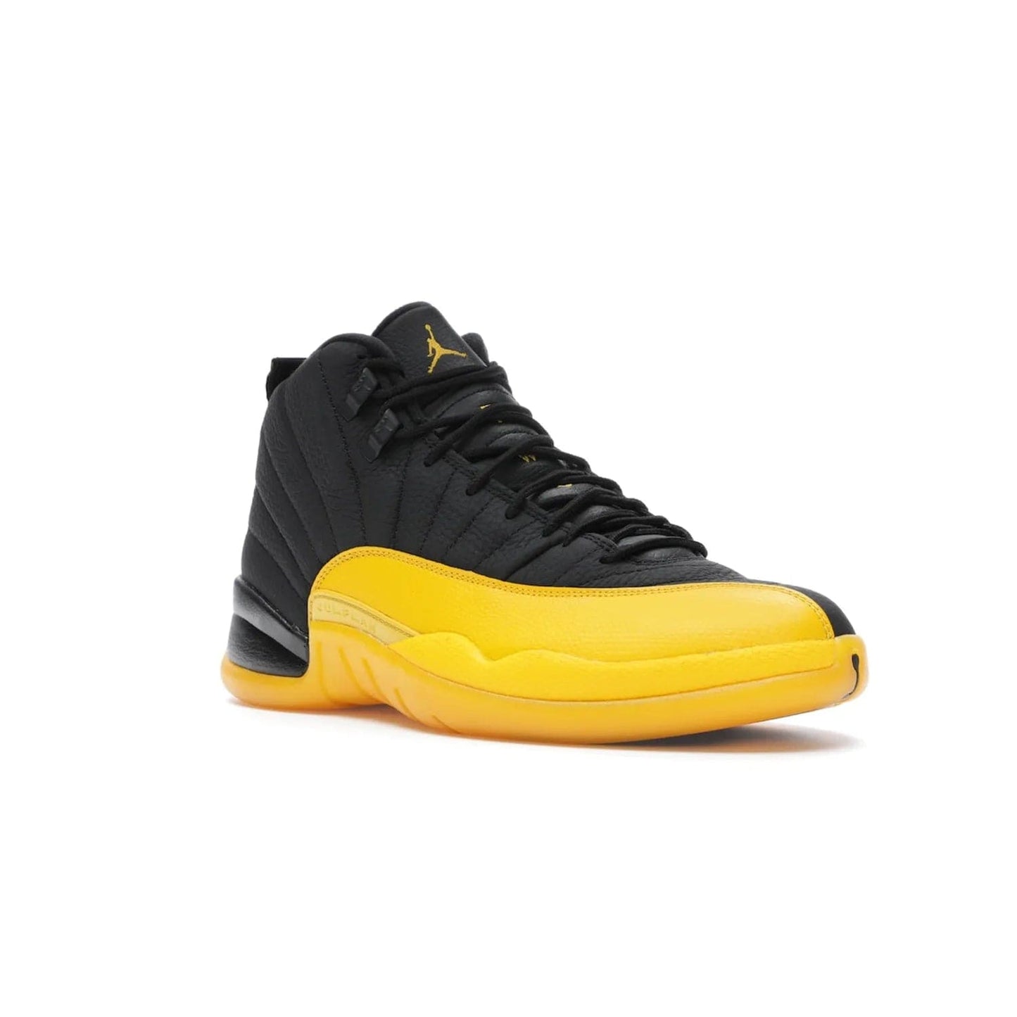 Jordan 12 Retro Black University Gold - Image 5 - Only at www.BallersClubKickz.com - This Jordan 12 Retro features a black tumbled leather upper and University Gold accents for a modern twist. Boasting Jordan "Two Three" branding and a yellow sole, these shoes will elevate your wardrobe. Fresh, sleek, and one of a kind - the Jordan 12 University Gold is your summer sneaker.