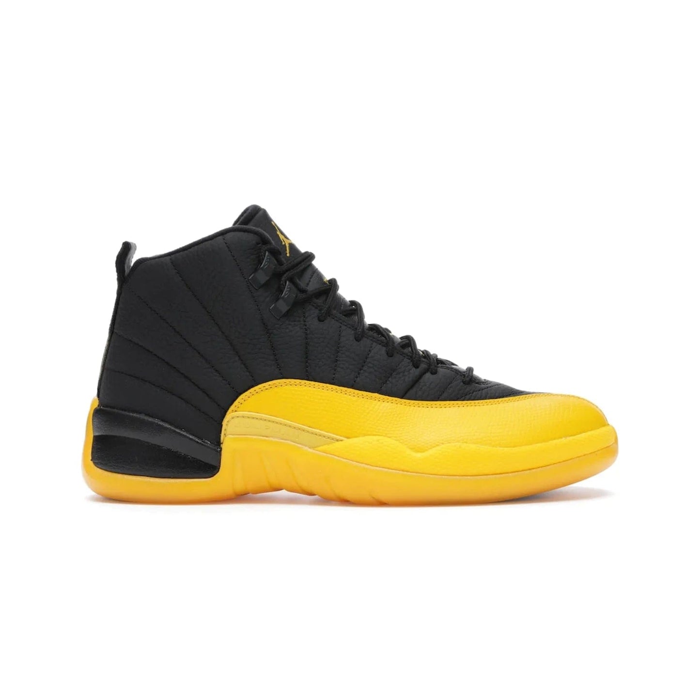 Jordan 12 Retro Black University Gold - Image 1 - Only at www.BallersClubKickz.com - This Jordan 12 Retro features a black tumbled leather upper and University Gold accents for a modern twist. Boasting Jordan "Two Three" branding and a yellow sole, these shoes will elevate your wardrobe. Fresh, sleek, and one of a kind - the Jordan 12 University Gold is your summer sneaker.