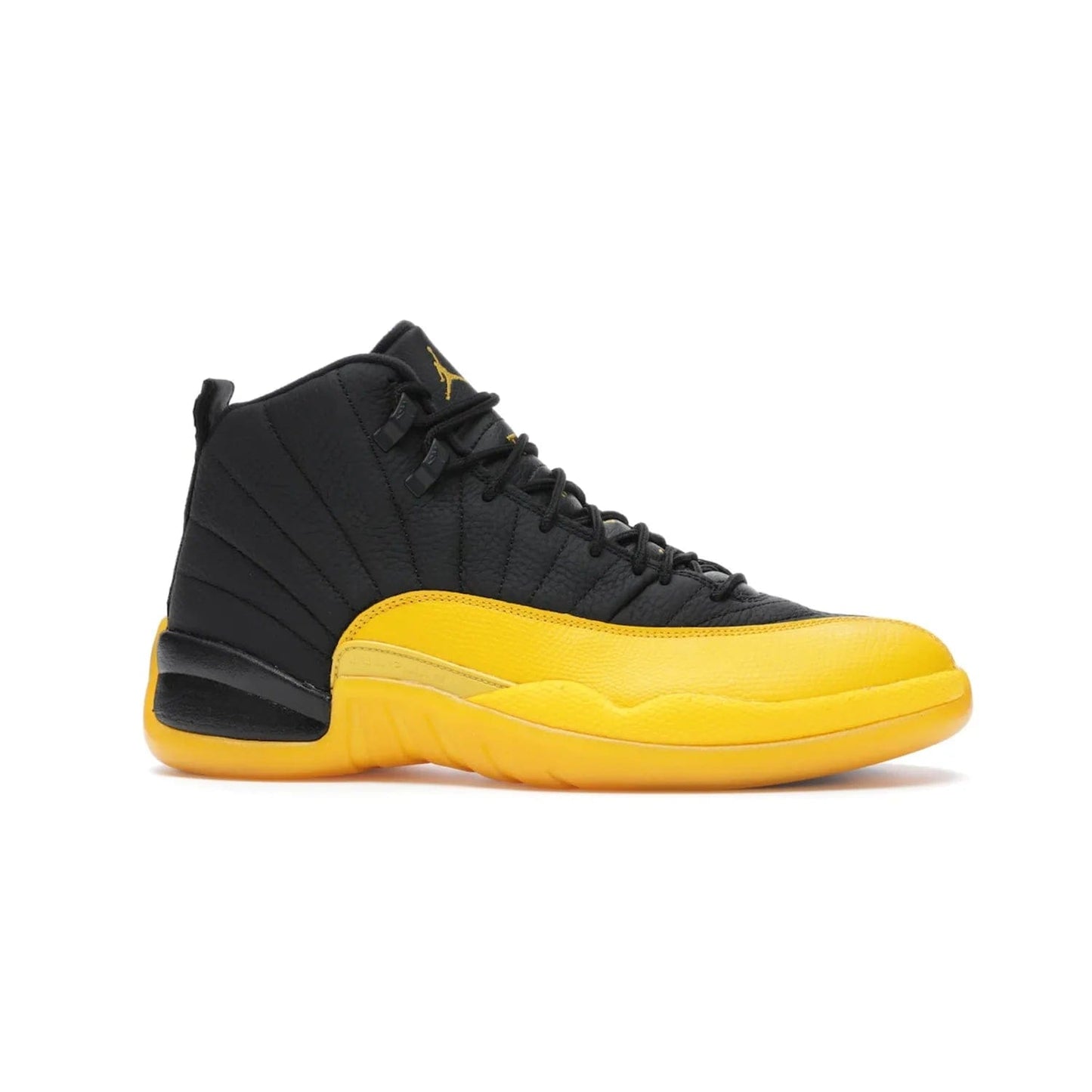 Jordan 12 Retro Black University Gold - Image 2 - Only at www.BallersClubKickz.com - This Jordan 12 Retro features a black tumbled leather upper and University Gold accents for a modern twist. Boasting Jordan "Two Three" branding and a yellow sole, these shoes will elevate your wardrobe. Fresh, sleek, and one of a kind - the Jordan 12 University Gold is your summer sneaker.