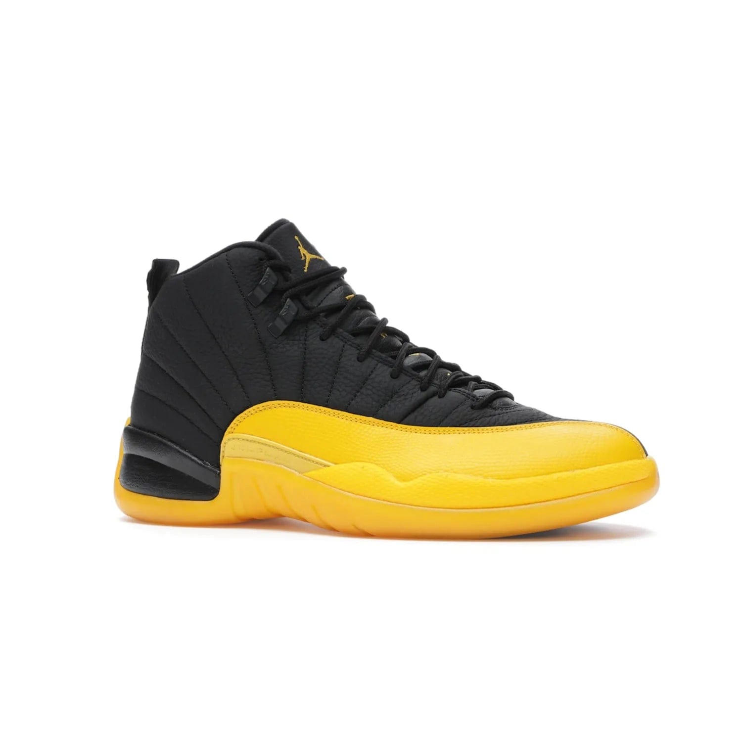 Jordan 12 Retro Black University Gold - Image 3 - Only at www.BallersClubKickz.com - This Jordan 12 Retro features a black tumbled leather upper and University Gold accents for a modern twist. Boasting Jordan "Two Three" branding and a yellow sole, these shoes will elevate your wardrobe. Fresh, sleek, and one of a kind - the Jordan 12 University Gold is your summer sneaker.