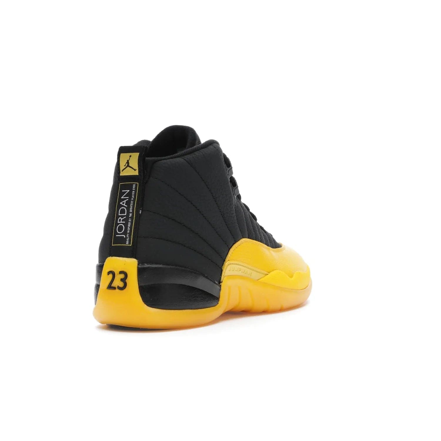 Jordan 12 Retro Black University Gold - Image 31 - Only at www.BallersClubKickz.com - This Jordan 12 Retro features a black tumbled leather upper and University Gold accents for a modern twist. Boasting Jordan "Two Three" branding and a yellow sole, these shoes will elevate your wardrobe. Fresh, sleek, and one of a kind - the Jordan 12 University Gold is your summer sneaker.