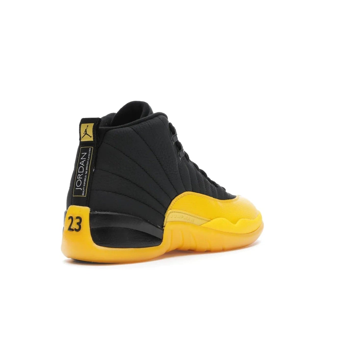 Jordan 12 Retro Black University Gold - Image 32 - Only at www.BallersClubKickz.com - This Jordan 12 Retro features a black tumbled leather upper and University Gold accents for a modern twist. Boasting Jordan "Two Three" branding and a yellow sole, these shoes will elevate your wardrobe. Fresh, sleek, and one of a kind - the Jordan 12 University Gold is your summer sneaker.
