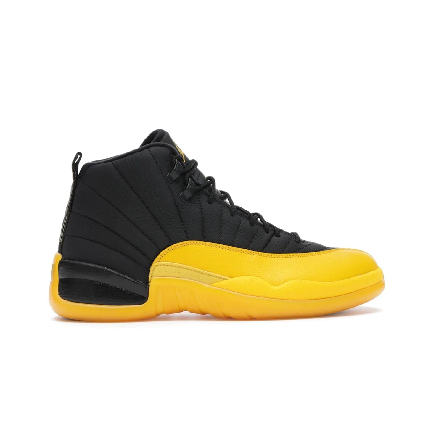 Jordan 12 Retro Black University Gold - Image 36 - Only at www.BallersClubKickz.com - This Jordan 12 Retro features a black tumbled leather upper and University Gold accents for a modern twist. Boasting Jordan "Two Three" branding and a yellow sole, these shoes will elevate your wardrobe. Fresh, sleek, and one of a kind - the Jordan 12 University Gold is your summer sneaker.