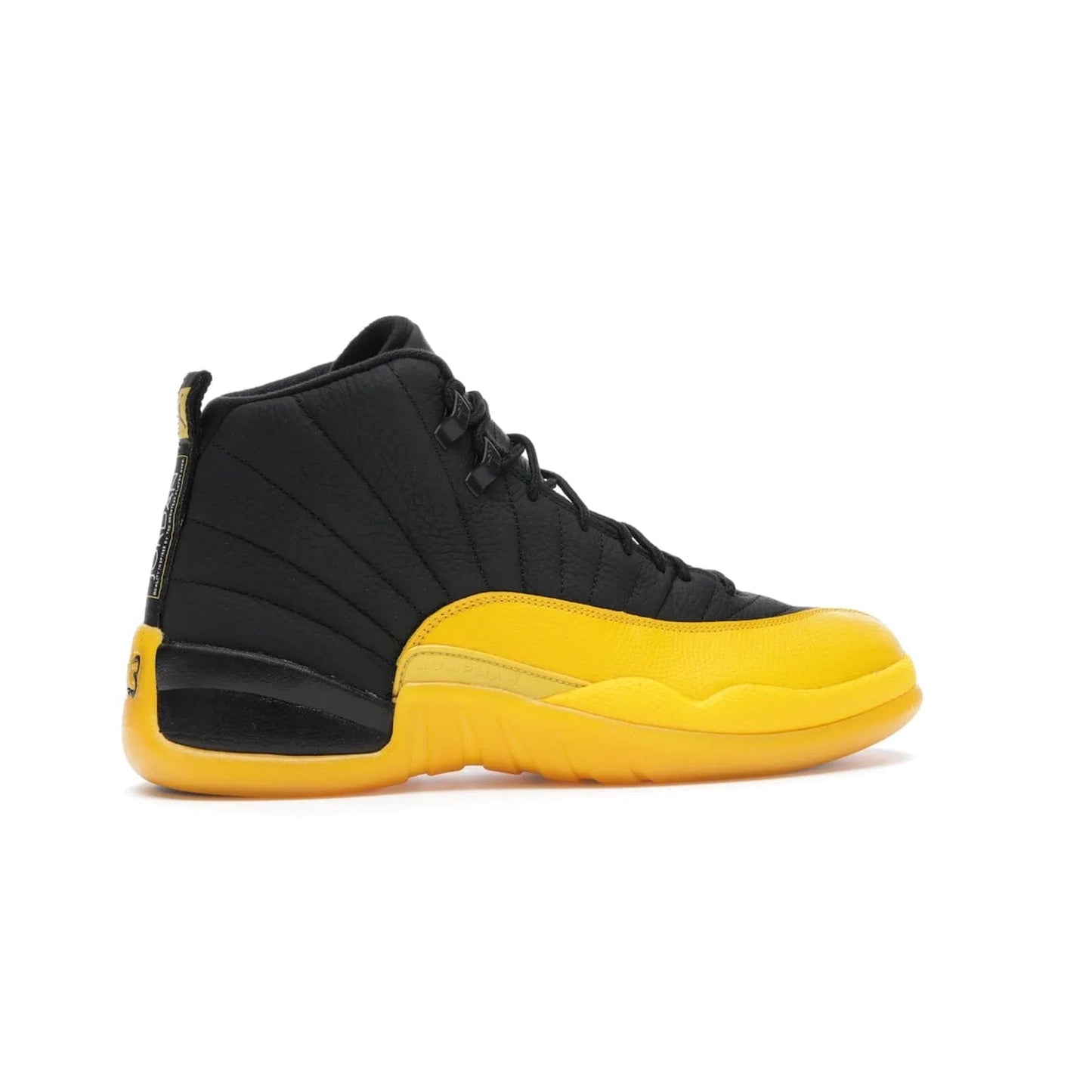 Jordan 12 Retro Black University Gold - Image 35 - Only at www.BallersClubKickz.com - This Jordan 12 Retro features a black tumbled leather upper and University Gold accents for a modern twist. Boasting Jordan "Two Three" branding and a yellow sole, these shoes will elevate your wardrobe. Fresh, sleek, and one of a kind - the Jordan 12 University Gold is your summer sneaker.