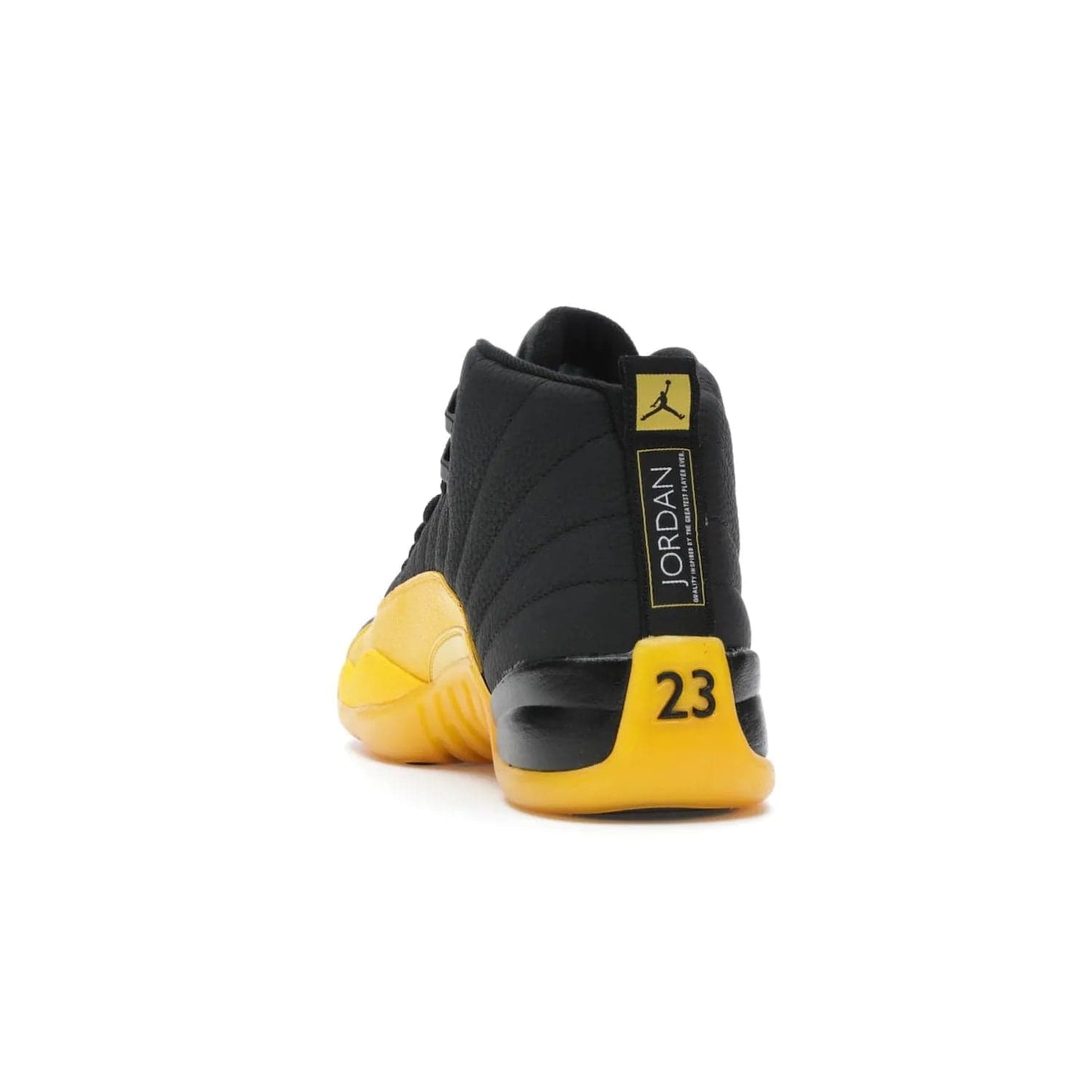 Jordan 12 Retro Black University Gold - Image 26 - Only at www.BallersClubKickz.com - This Jordan 12 Retro features a black tumbled leather upper and University Gold accents for a modern twist. Boasting Jordan "Two Three" branding and a yellow sole, these shoes will elevate your wardrobe. Fresh, sleek, and one of a kind - the Jordan 12 University Gold is your summer sneaker.