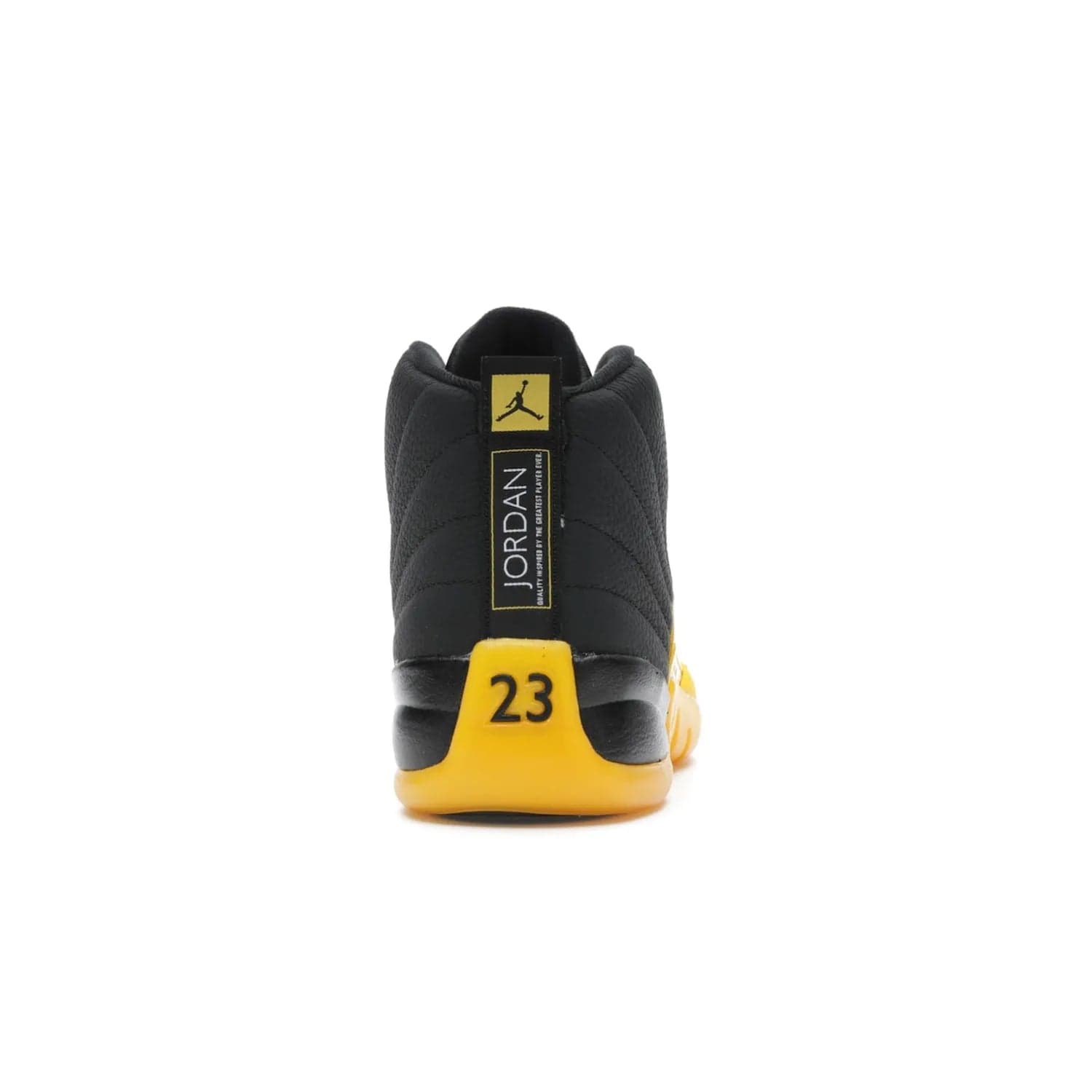 Jordan 12 Retro Black University Gold - Image 28 - Only at www.BallersClubKickz.com - This Jordan 12 Retro features a black tumbled leather upper and University Gold accents for a modern twist. Boasting Jordan "Two Three" branding and a yellow sole, these shoes will elevate your wardrobe. Fresh, sleek, and one of a kind - the Jordan 12 University Gold is your summer sneaker.