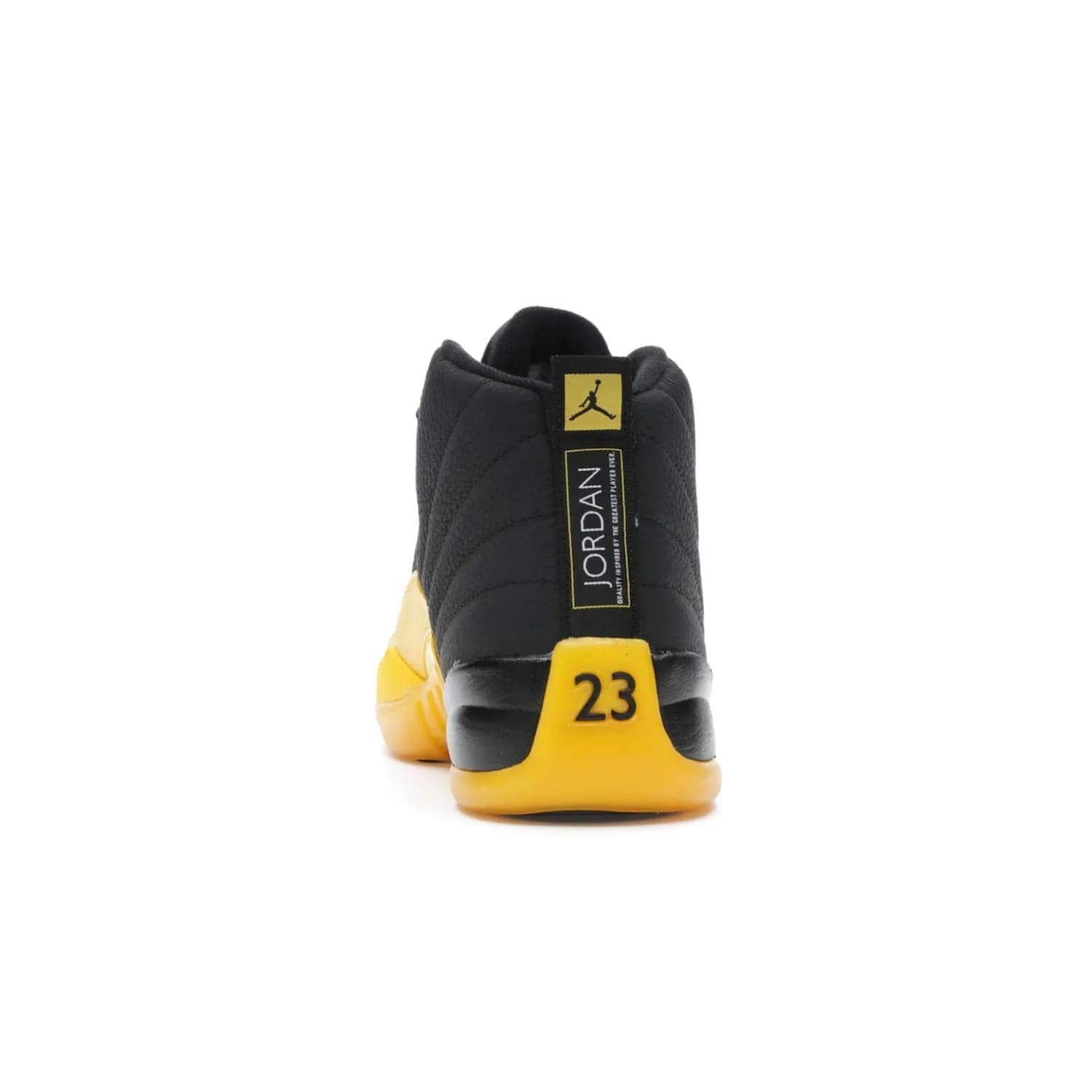 Jordan 12 Retro Black University Gold - Image 27 - Only at www.BallersClubKickz.com - This Jordan 12 Retro features a black tumbled leather upper and University Gold accents for a modern twist. Boasting Jordan "Two Three" branding and a yellow sole, these shoes will elevate your wardrobe. Fresh, sleek, and one of a kind - the Jordan 12 University Gold is your summer sneaker.