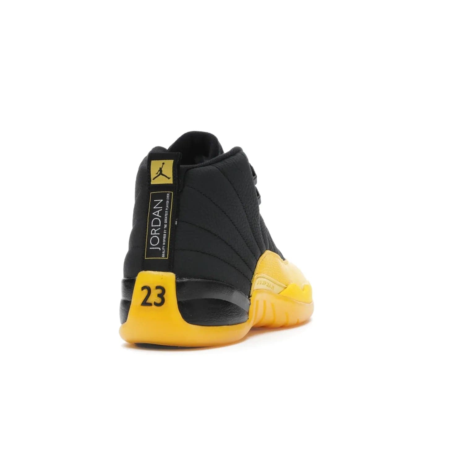 Jordan 12 Retro Black University Gold - Image 30 - Only at www.BallersClubKickz.com - This Jordan 12 Retro features a black tumbled leather upper and University Gold accents for a modern twist. Boasting Jordan "Two Three" branding and a yellow sole, these shoes will elevate your wardrobe. Fresh, sleek, and one of a kind - the Jordan 12 University Gold is your summer sneaker.