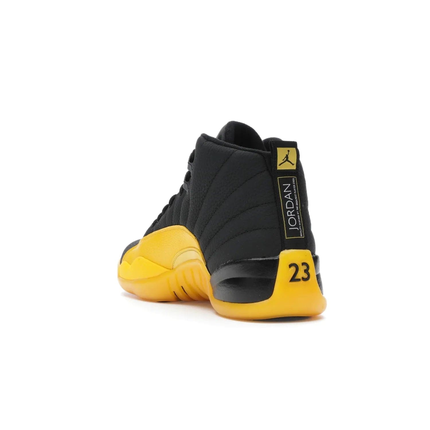 Jordan 12 Retro Black University Gold - Image 25 - Only at www.BallersClubKickz.com - This Jordan 12 Retro features a black tumbled leather upper and University Gold accents for a modern twist. Boasting Jordan "Two Three" branding and a yellow sole, these shoes will elevate your wardrobe. Fresh, sleek, and one of a kind - the Jordan 12 University Gold is your summer sneaker.