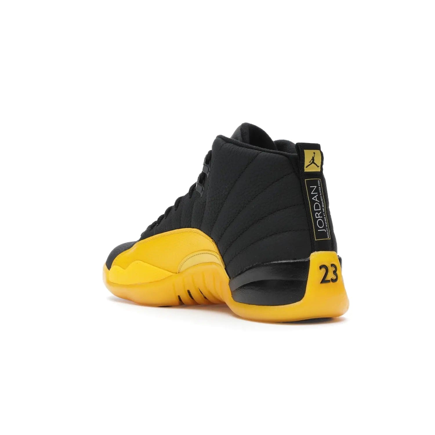 Jordan 12 Retro Black University Gold - Image 24 - Only at www.BallersClubKickz.com - This Jordan 12 Retro features a black tumbled leather upper and University Gold accents for a modern twist. Boasting Jordan "Two Three" branding and a yellow sole, these shoes will elevate your wardrobe. Fresh, sleek, and one of a kind - the Jordan 12 University Gold is your summer sneaker.