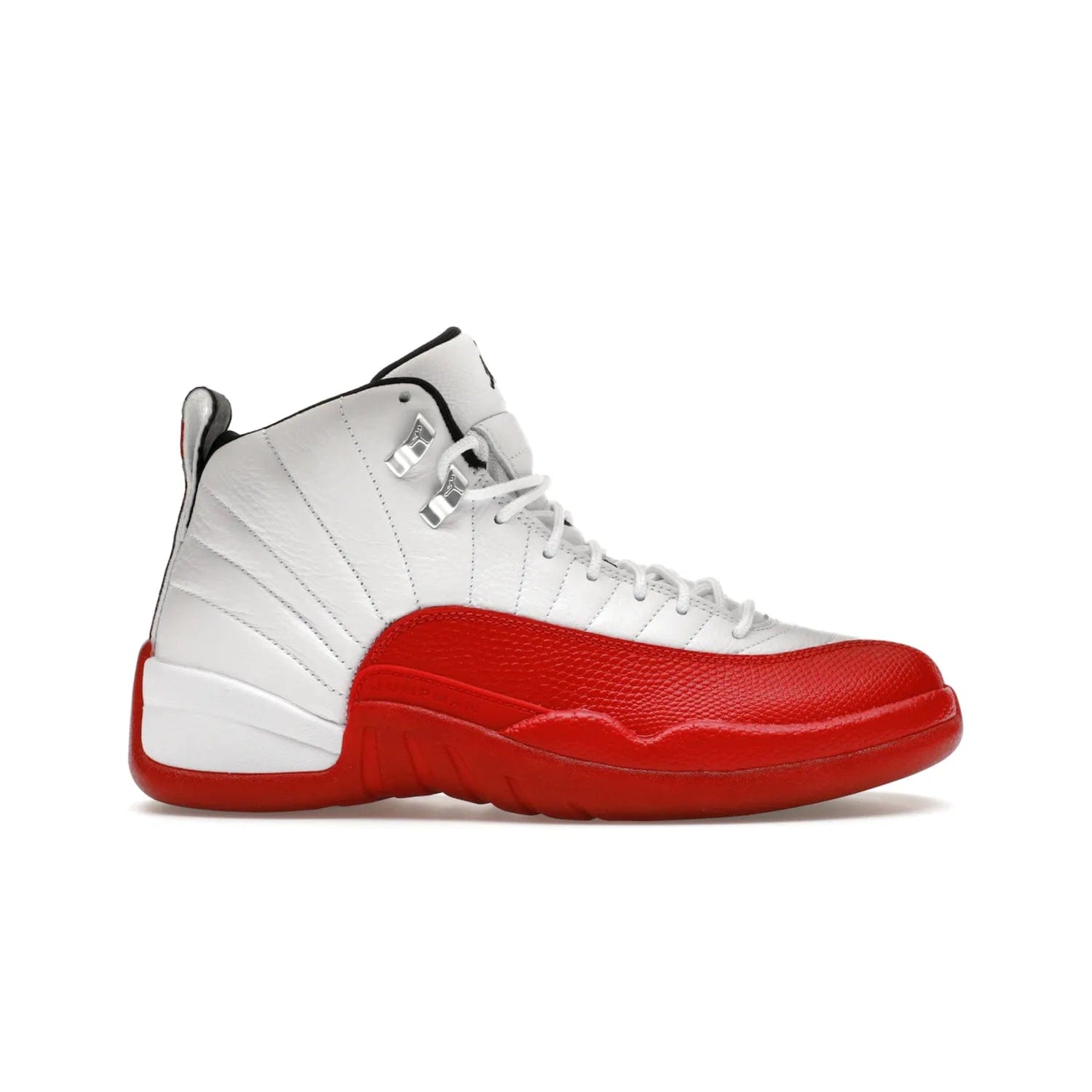 Jordan 12 Retro Cherry (2023) - Image 1 - Only at www.BallersClubKickz.com - Live your sneaker legend with the Jordan 12 Retro Cherry. Iconic pebbled leather mudguards, quilted uppers, and varsity red accents make this 1997 classic a must-have for 2023. Shine on with silver hardware and matching midsoles, and bring it all together for limited-edition style on October 28th. Step into Jordan legacy with the Retro Cherry.