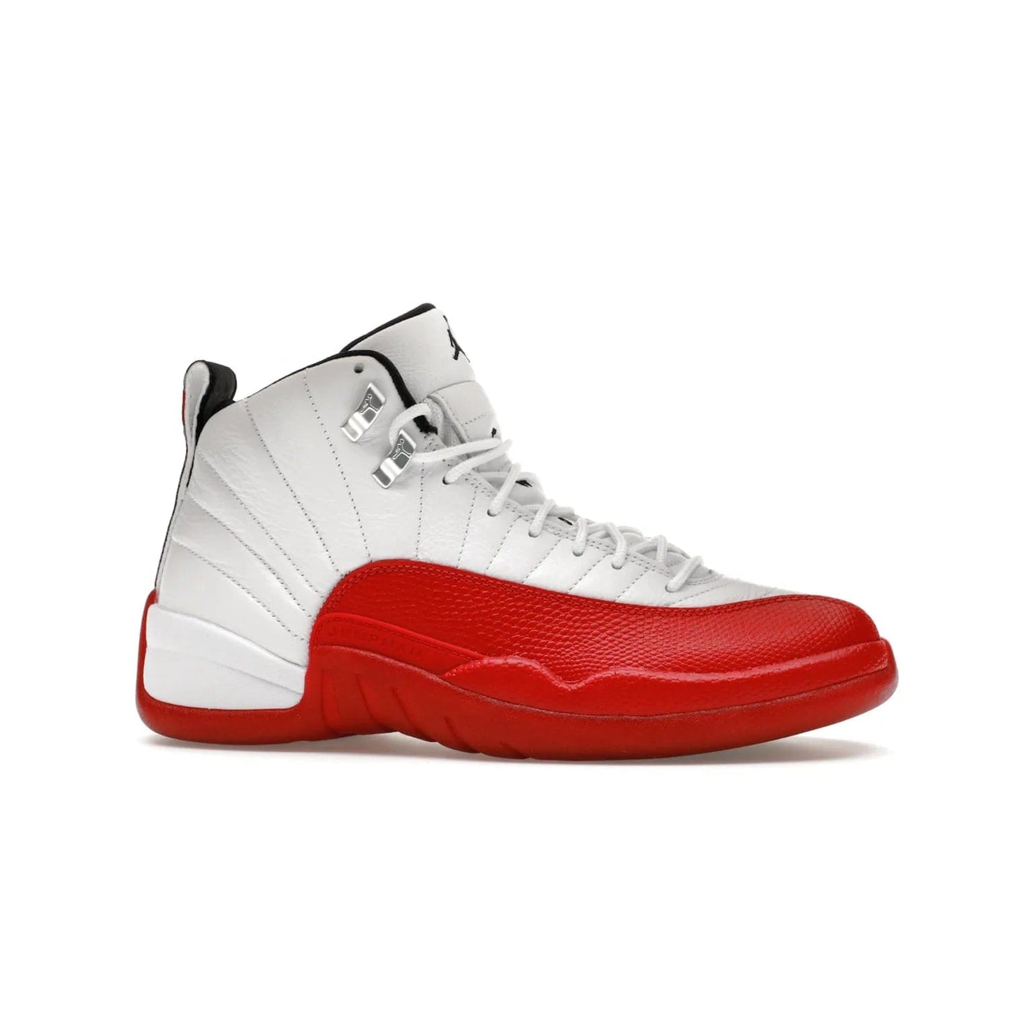 Jordan 12 Retro Cherry (2023) - Image 2 - Only at www.BallersClubKickz.com - Live your sneaker legend with the Jordan 12 Retro Cherry. Iconic pebbled leather mudguards, quilted uppers, and varsity red accents make this 1997 classic a must-have for 2023. Shine on with silver hardware and matching midsoles, and bring it all together for limited-edition style on October 28th. Step into Jordan legacy with the Retro Cherry.