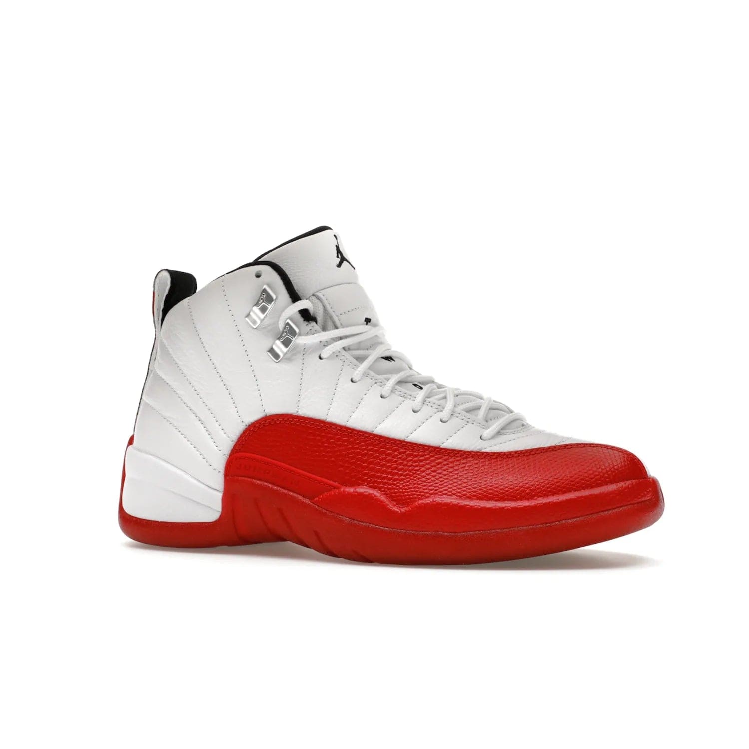 Jordan 12 Retro Cherry (2023) - Image 3 - Only at www.BallersClubKickz.com - Live your sneaker legend with the Jordan 12 Retro Cherry. Iconic pebbled leather mudguards, quilted uppers, and varsity red accents make this 1997 classic a must-have for 2023. Shine on with silver hardware and matching midsoles, and bring it all together for limited-edition style on October 28th. Step into Jordan legacy with the Retro Cherry.