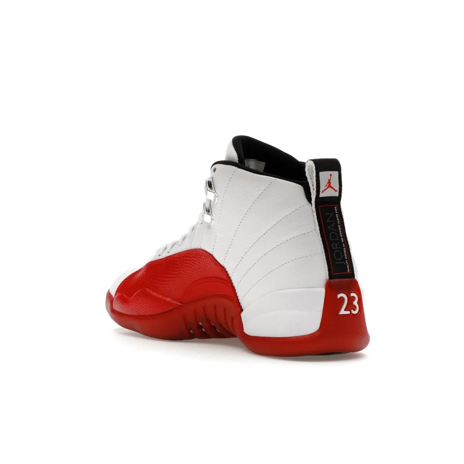 Jordan 12 Retro Cherry (2023) - Image 24 - Only at www.BallersClubKickz.com - Live your sneaker legend with the Jordan 12 Retro Cherry. Iconic pebbled leather mudguards, quilted uppers, and varsity red accents make this 1997 classic a must-have for 2023. Shine on with silver hardware and matching midsoles, and bring it all together for limited-edition style on October 28th. Step into Jordan legacy with the Retro Cherry.