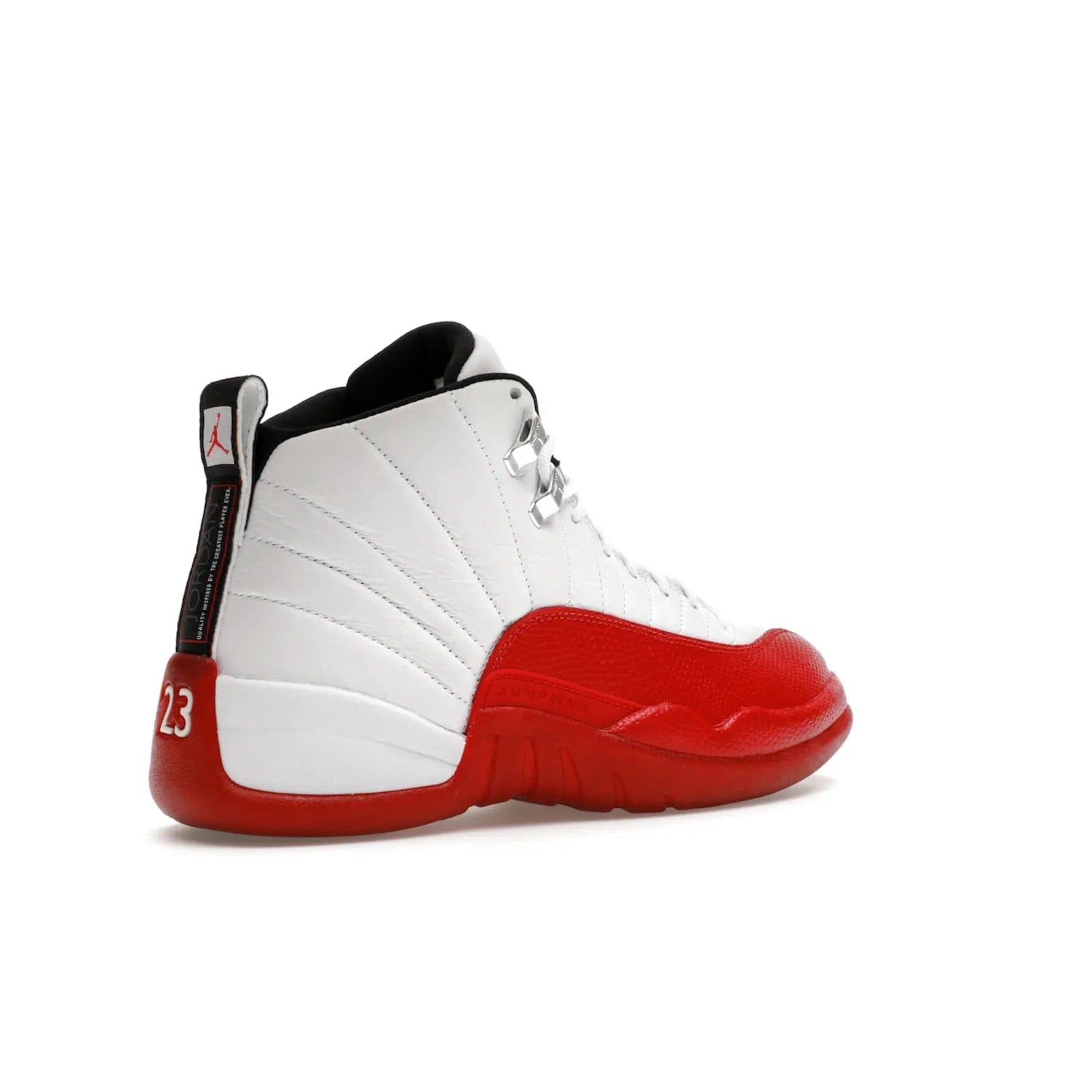 Jordan 12 Retro Cherry (2023) - Image 33 - Only at www.BallersClubKickz.com - Live your sneaker legend with the Jordan 12 Retro Cherry. Iconic pebbled leather mudguards, quilted uppers, and varsity red accents make this 1997 classic a must-have for 2023. Shine on with silver hardware and matching midsoles, and bring it all together for limited-edition style on October 28th. Step into Jordan legacy with the Retro Cherry.
