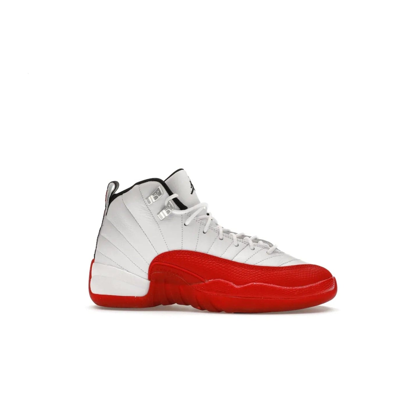 Jordan 12 Retro Cherry (2023) (GS) - Image 2 - Only at www.BallersClubKickz.com - Grab the Jordan 12 Retro Cherry (2023) (GS) and show off your signature style with these iconic kicks. Dressed in White, Black and Varsity Red, these timeless kicks are sure to turn heads. Available October 28, 2023.