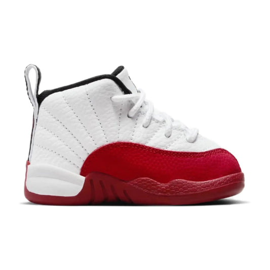 Jordan 12 Retro Cherry (2023) (TD) - Image 1 - Only at www.BallersClubKickz.com - Upgrade your sneaker style with the Jordan 12 Retro Cherry (2023) (TD). White leather upper, black & red detailing, and Jumpman logo. Perfect addition to any sneaker collection.