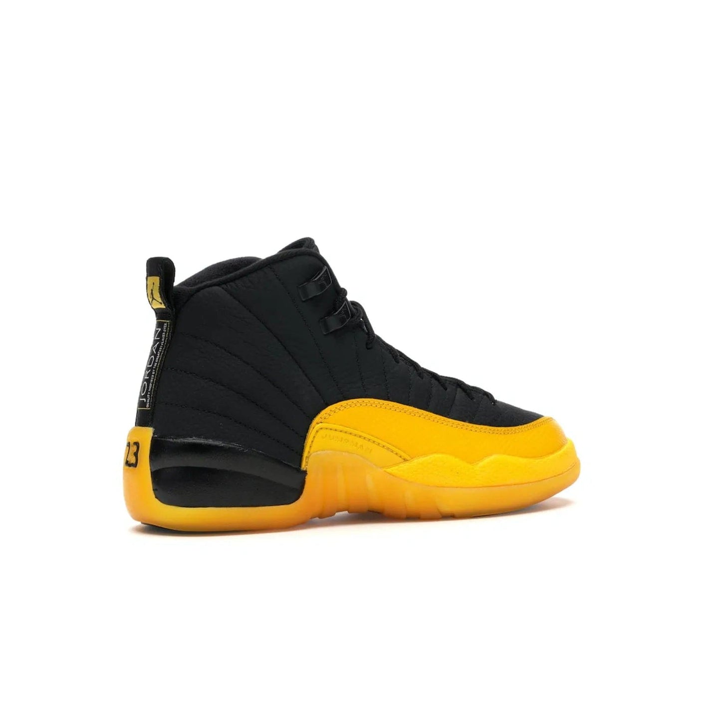 Jordan 12 Retro Black University Gold (GS) - Image 34 - Only at www.BallersClubKickz.com - Upgrade your kid's shoe collection with the Jordan 12 Retro Black University Gold. With classic style, black tumbled leather upper, and University Gold accents, it's a great summer look. Out July 2020.
