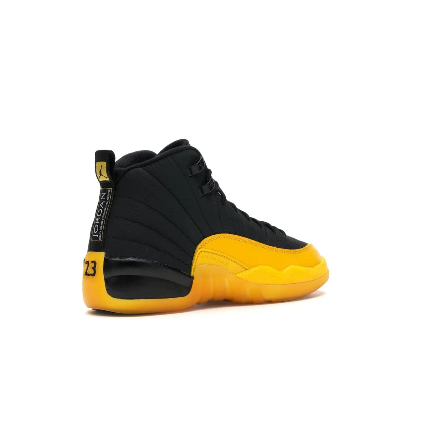 Jordan 12 Retro Black University Gold (GS) - Image 33 - Only at www.BallersClubKickz.com - Upgrade your kid's shoe collection with the Jordan 12 Retro Black University Gold. With classic style, black tumbled leather upper, and University Gold accents, it's a great summer look. Out July 2020.