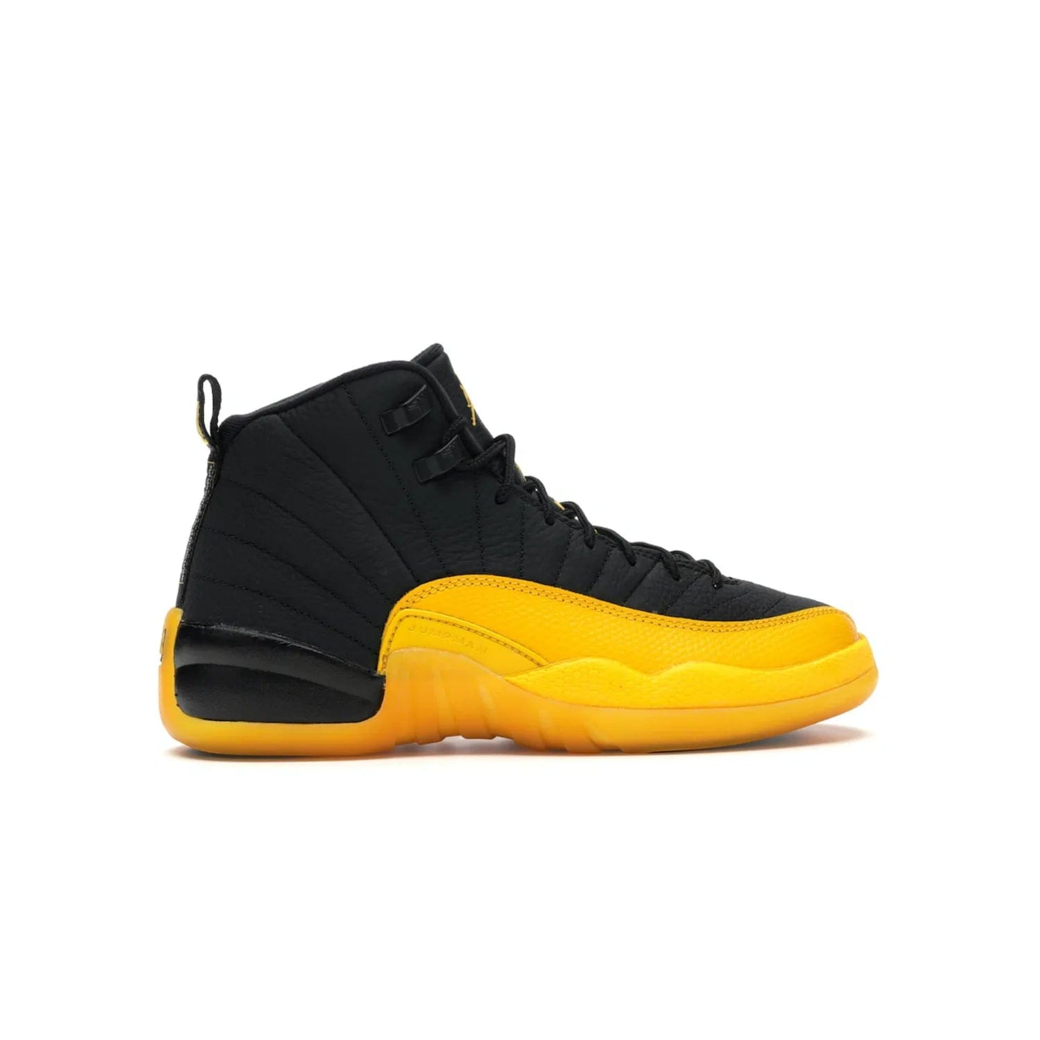 Jordan 12 Retro Black University Gold (GS) - Image 36 - Only at www.BallersClubKickz.com - Upgrade your kid's shoe collection with the Jordan 12 Retro Black University Gold. With classic style, black tumbled leather upper, and University Gold accents, it's a great summer look. Out July 2020.