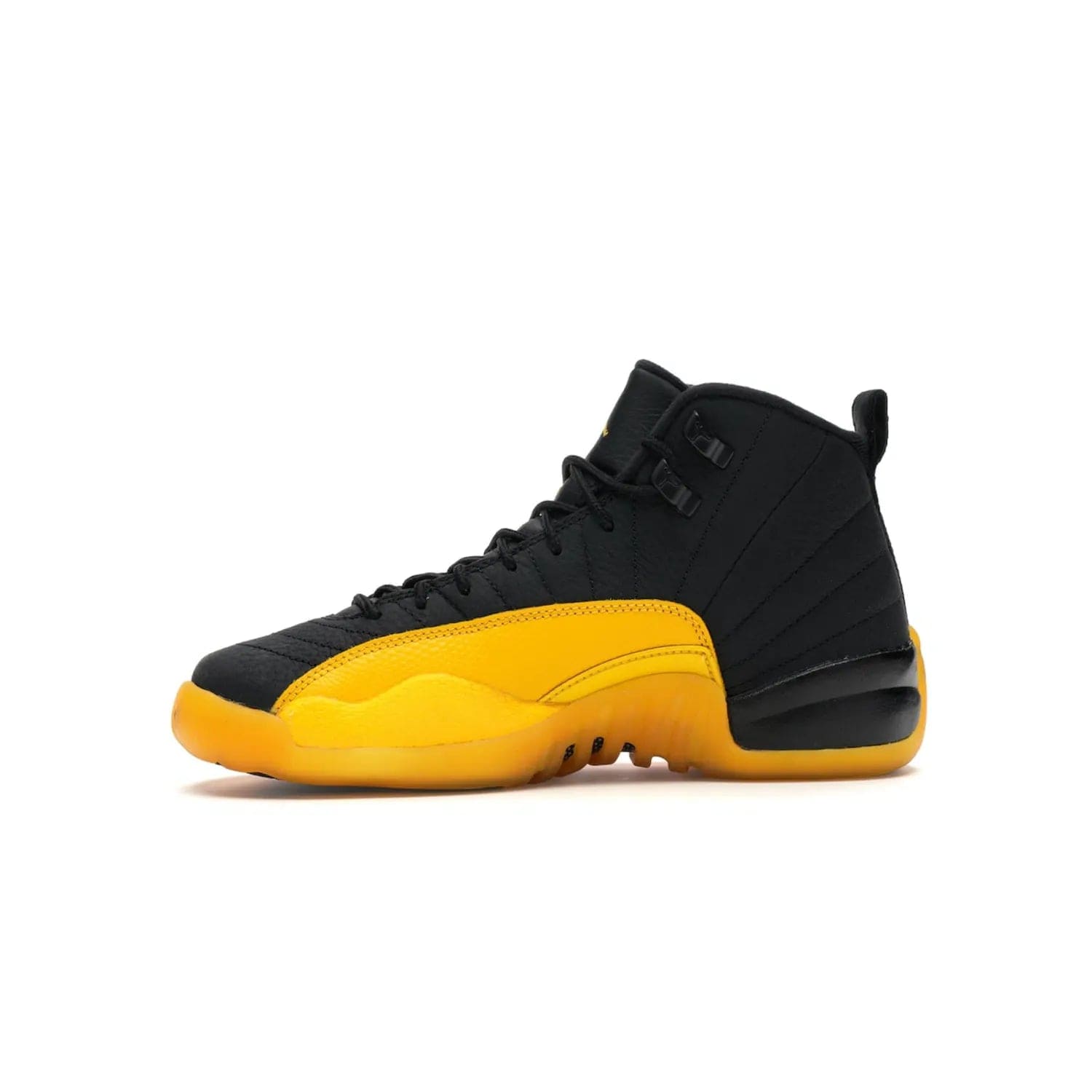 Jordan 12 Retro Black University Gold (GS) - Image 18 - Only at www.BallersClubKickz.com - Upgrade your kid's shoe collection with the Jordan 12 Retro Black University Gold. With classic style, black tumbled leather upper, and University Gold accents, it's a great summer look. Out July 2020.