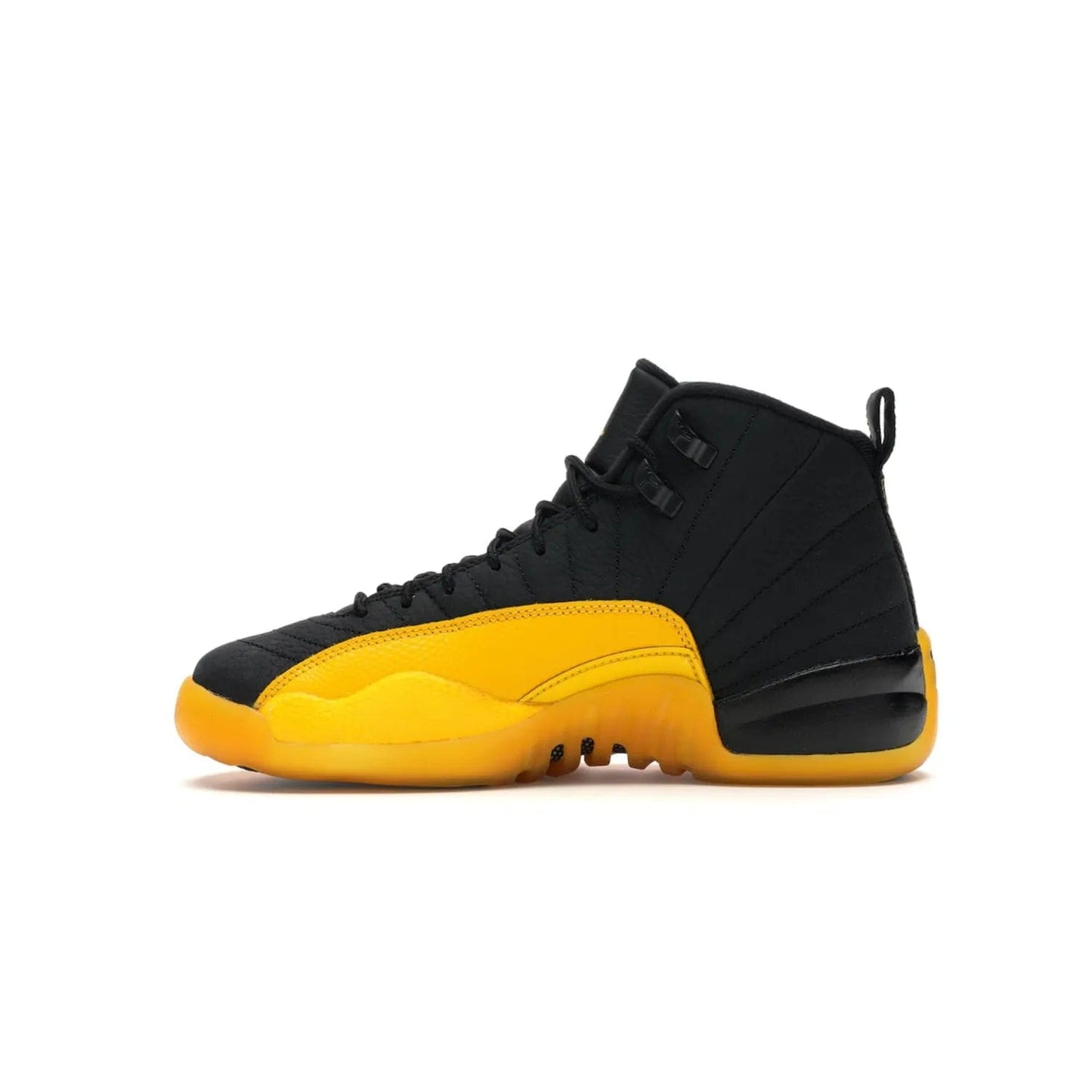 Jordan 12 Retro Black University Gold (GS) - Image 19 - Only at www.BallersClubKickz.com - Upgrade your kid's shoe collection with the Jordan 12 Retro Black University Gold. With classic style, black tumbled leather upper, and University Gold accents, it's a great summer look. Out July 2020.