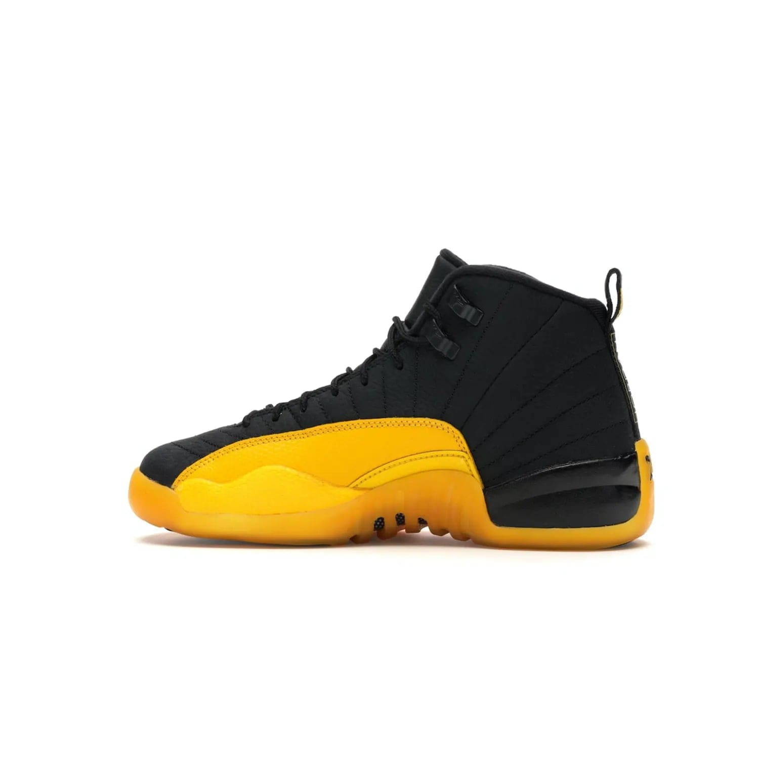 Jordan 12 Retro Black University Gold (GS) - Image 20 - Only at www.BallersClubKickz.com - Upgrade your kid's shoe collection with the Jordan 12 Retro Black University Gold. With classic style, black tumbled leather upper, and University Gold accents, it's a great summer look. Out July 2020.