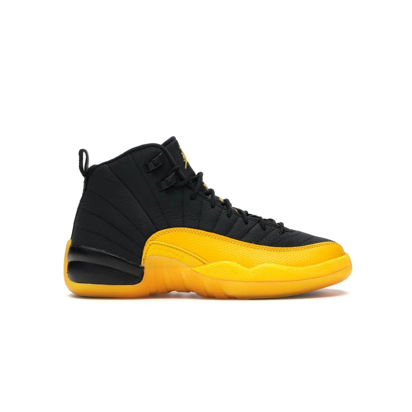 Jordan 12 Retro Black University Gold (GS) - Image 1 - Only at www.BallersClubKickz.com - Upgrade your kid's shoe collection with the Jordan 12 Retro Black University Gold. With classic style, black tumbled leather upper, and University Gold accents, it's a great summer look. Out July 2020.