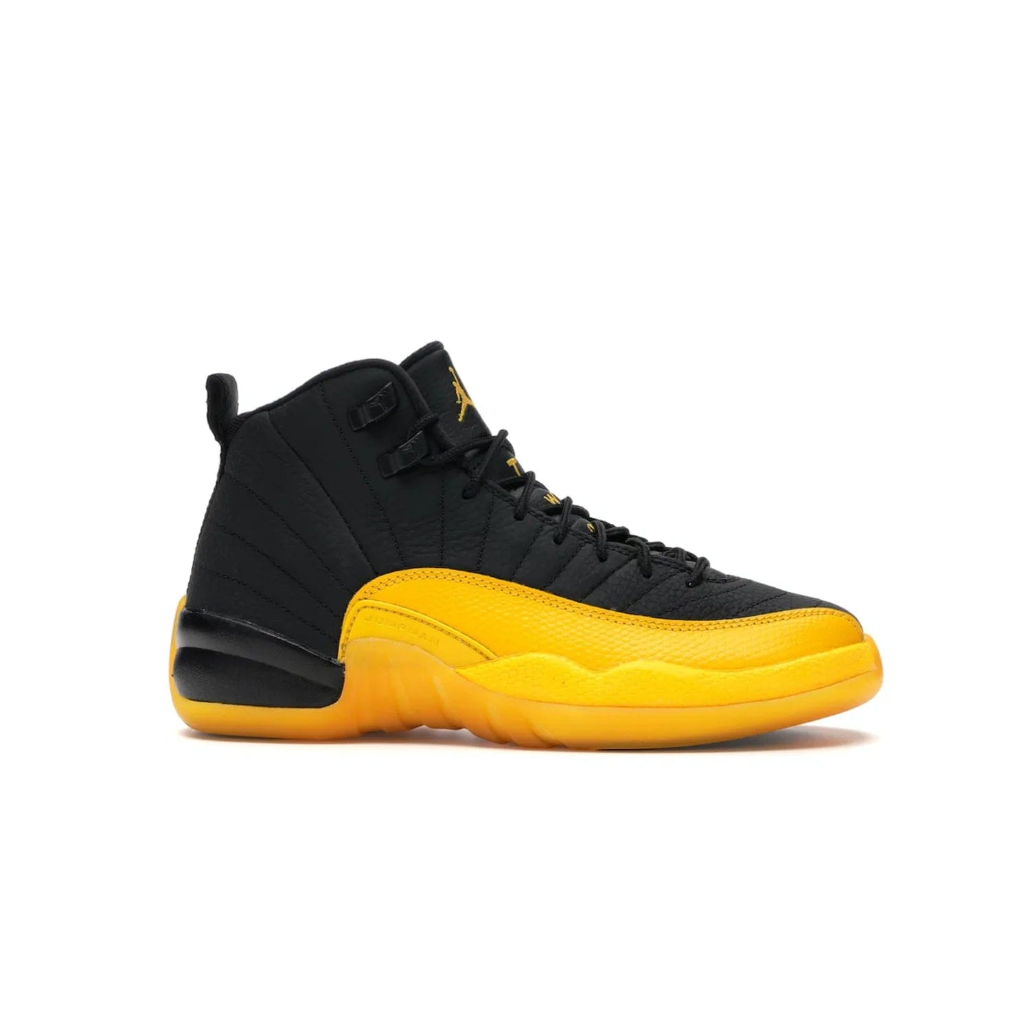 Jordan 12 Retro Black University Gold (GS) - Image 2 - Only at www.BallersClubKickz.com - Upgrade your kid's shoe collection with the Jordan 12 Retro Black University Gold. With classic style, black tumbled leather upper, and University Gold accents, it's a great summer look. Out July 2020.