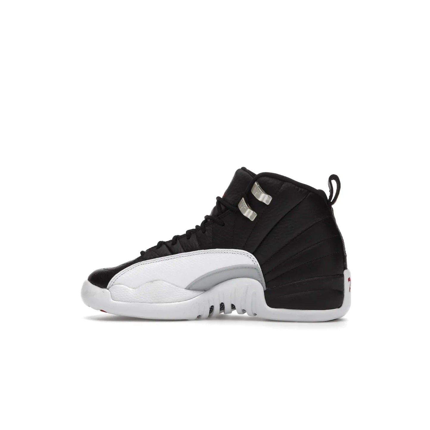 Jordan 12 Retro Playoffs (2022) (GS) - Image 20 - Only at www.BallersClubKickz.com - Air Jordan 12 Retro Playoffs GS 2022 for active young athletes. Comfort and style in a combination of black tumbled leather, white textured overlays and red/white/black outsole. Eye-catching details and signature carbon fiber shank plate.
