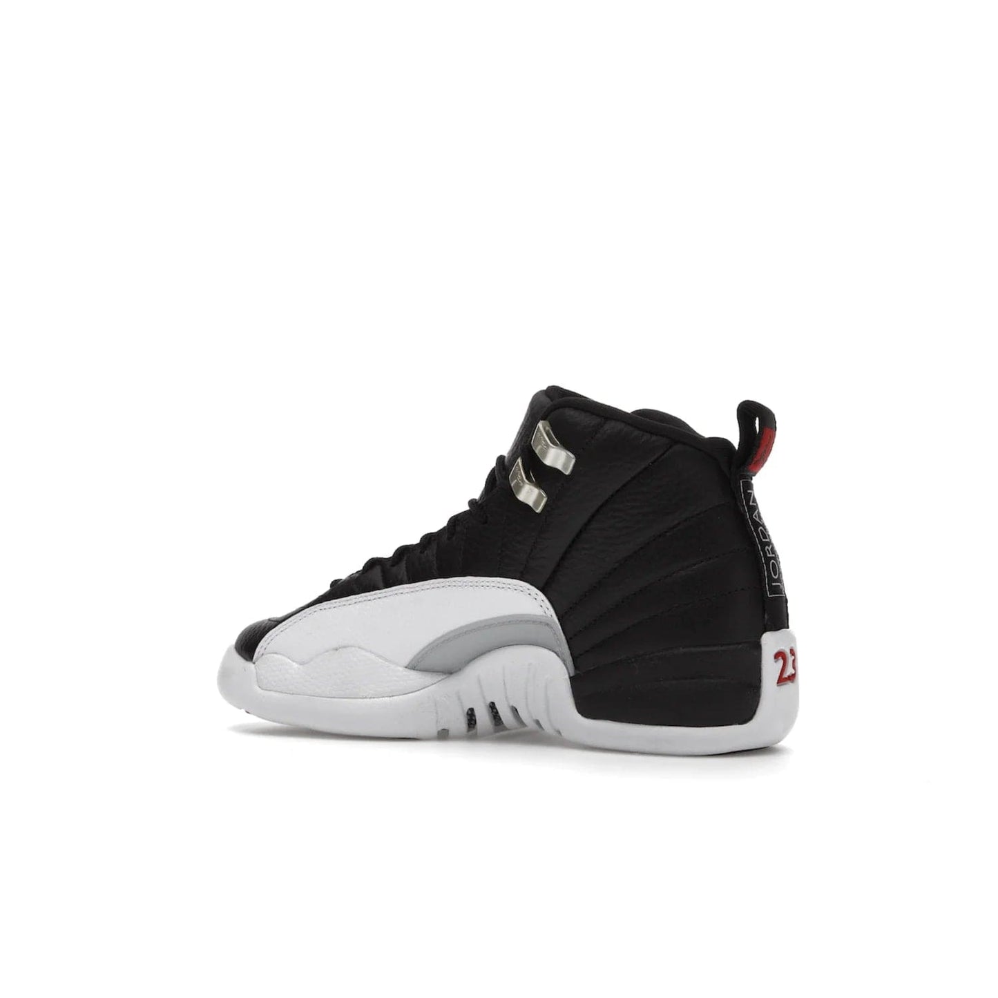 Jordan 12 Retro Playoffs (2022) (GS) - Image 22 - Only at www.BallersClubKickz.com - Air Jordan 12 Retro Playoffs GS 2022 for active young athletes. Comfort and style in a combination of black tumbled leather, white textured overlays and red/white/black outsole. Eye-catching details and signature carbon fiber shank plate.