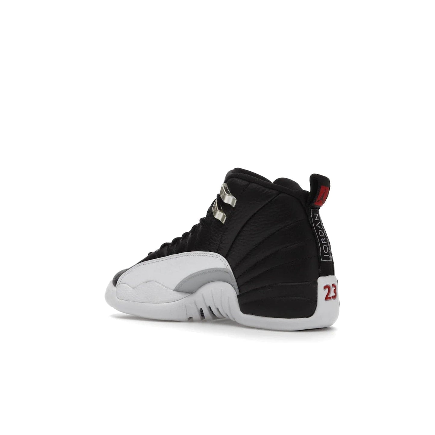 Jordan 12 Retro Playoffs (2022) (GS) - Image 23 - Only at www.BallersClubKickz.com - Air Jordan 12 Retro Playoffs GS 2022 for active young athletes. Comfort and style in a combination of black tumbled leather, white textured overlays and red/white/black outsole. Eye-catching details and signature carbon fiber shank plate.