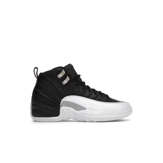 Jordan 12 Retro Playoffs (2022) (GS) - Image 1 - Only at www.BallersClubKickz.com - Air Jordan 12 Retro Playoffs GS 2022 for active young athletes. Comfort and style in a combination of black tumbled leather, white textured overlays and red/white/black outsole. Eye-catching details and signature carbon fiber shank plate.