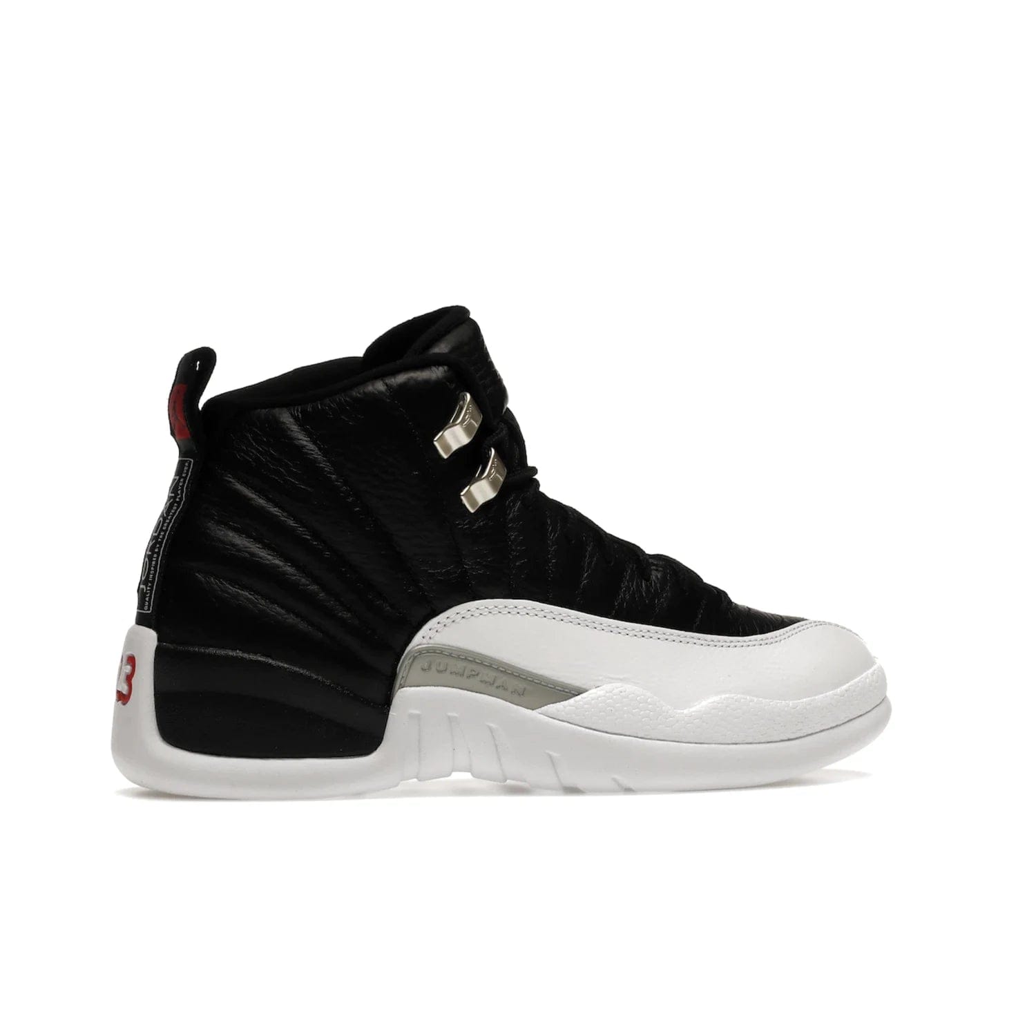 Jordan 12 Retro Playoffs (2022) - Image 35 - Only at www.BallersClubKickz.com - Retro Air Jordan 12 Playoffs. Celebrate 25 years with MJ's iconic shoe. Black tumbled leather upper, white sole with carbon fiber detailing and Jumpman embroidery. Must-have for any Jordan shoe fan. Releases March 2022.