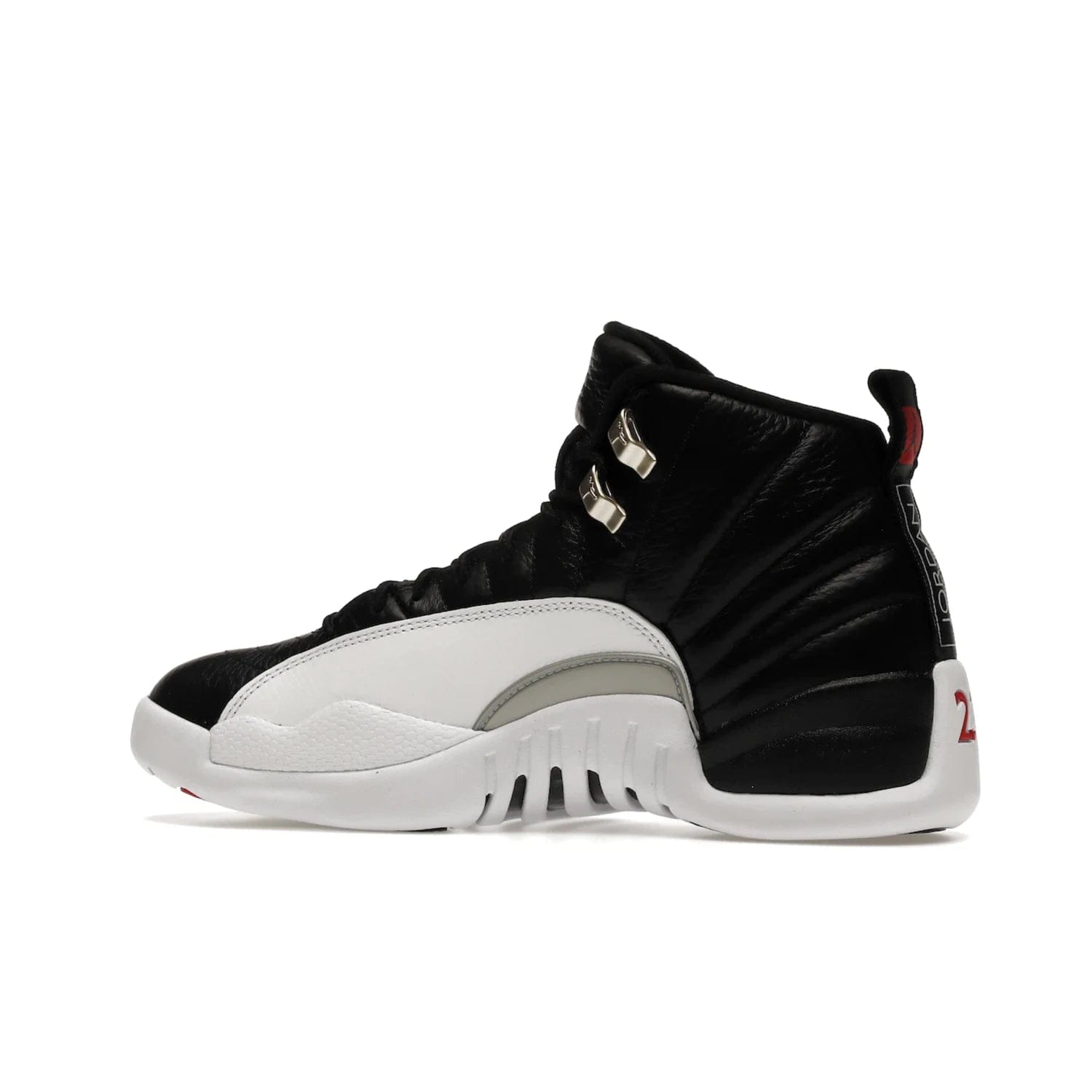 Jordan 12 Retro Playoffs (2022) - Image 21 - Only at www.BallersClubKickz.com - Retro Air Jordan 12 Playoffs. Celebrate 25 years with MJ's iconic shoe. Black tumbled leather upper, white sole with carbon fiber detailing and Jumpman embroidery. Must-have for any Jordan shoe fan. Releases March 2022.