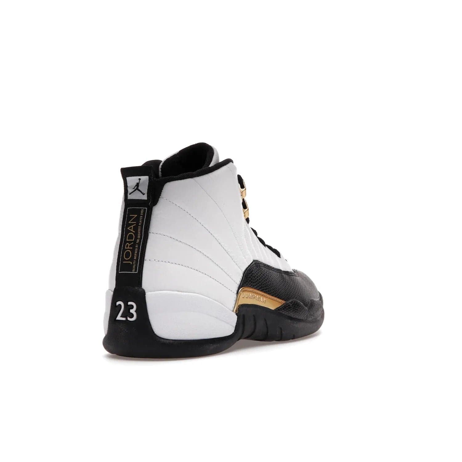 Jordan 12 Retro Royalty Taxi - Image 31 - Only at www.BallersClubKickz.com - Make a statement with the Air Jordan 12 Retro Royalty Taxi. Woven heel tag, gold plaquet, white tumbled leather upper plus a black toe wrap, make this modern take on the classic a must-have. Available in November 2021.